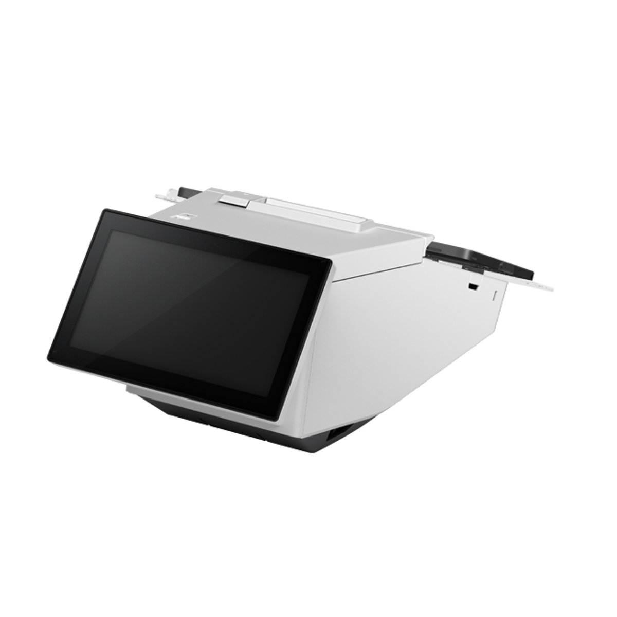 Biała drukarka z czarnym ekranem, ustawiona pod kątem, aby pokazać wygląd i funkcje.