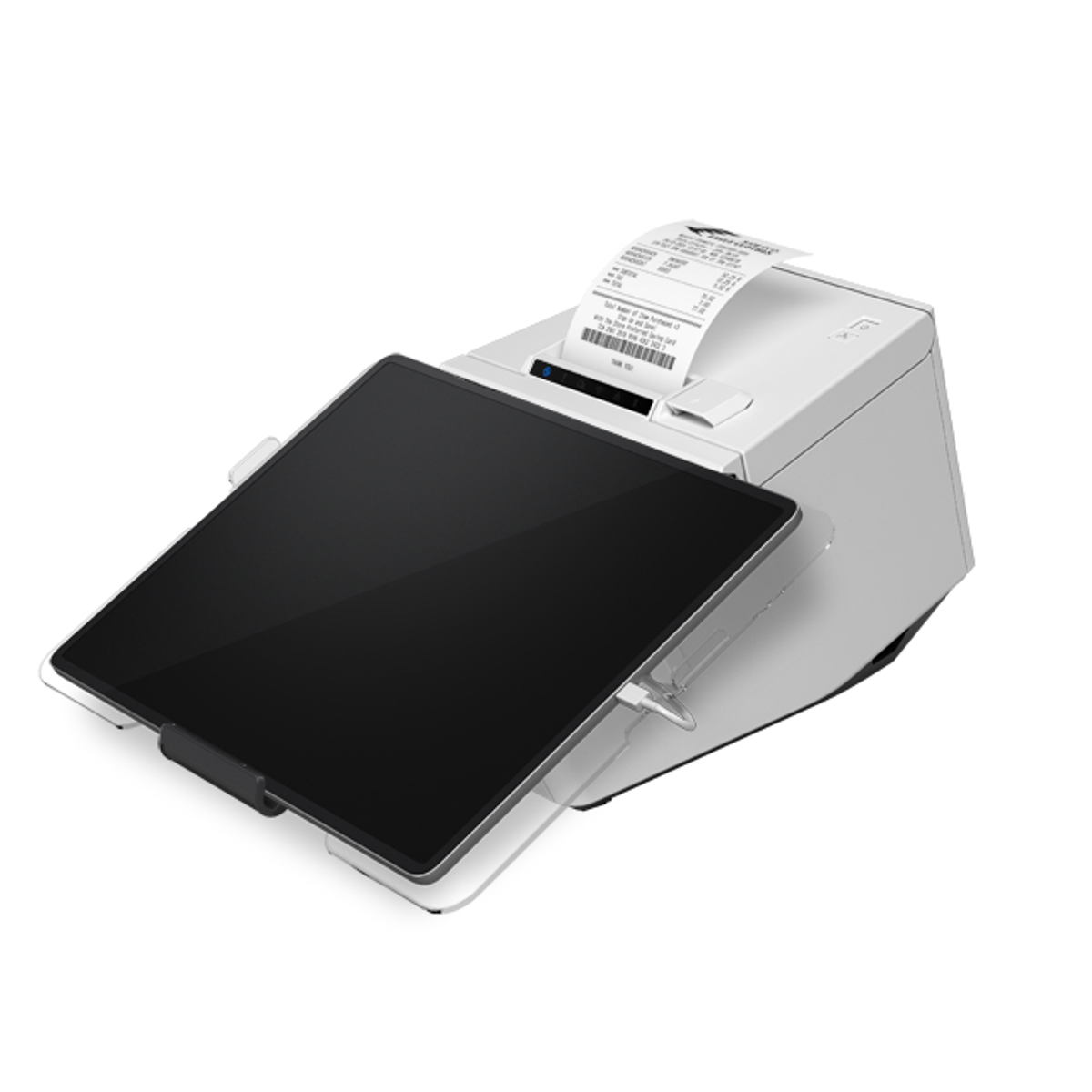 Biały system POS z dołączonym czarnym tabletem i wydrukowanym paragonem wychodzącym z drukarki.