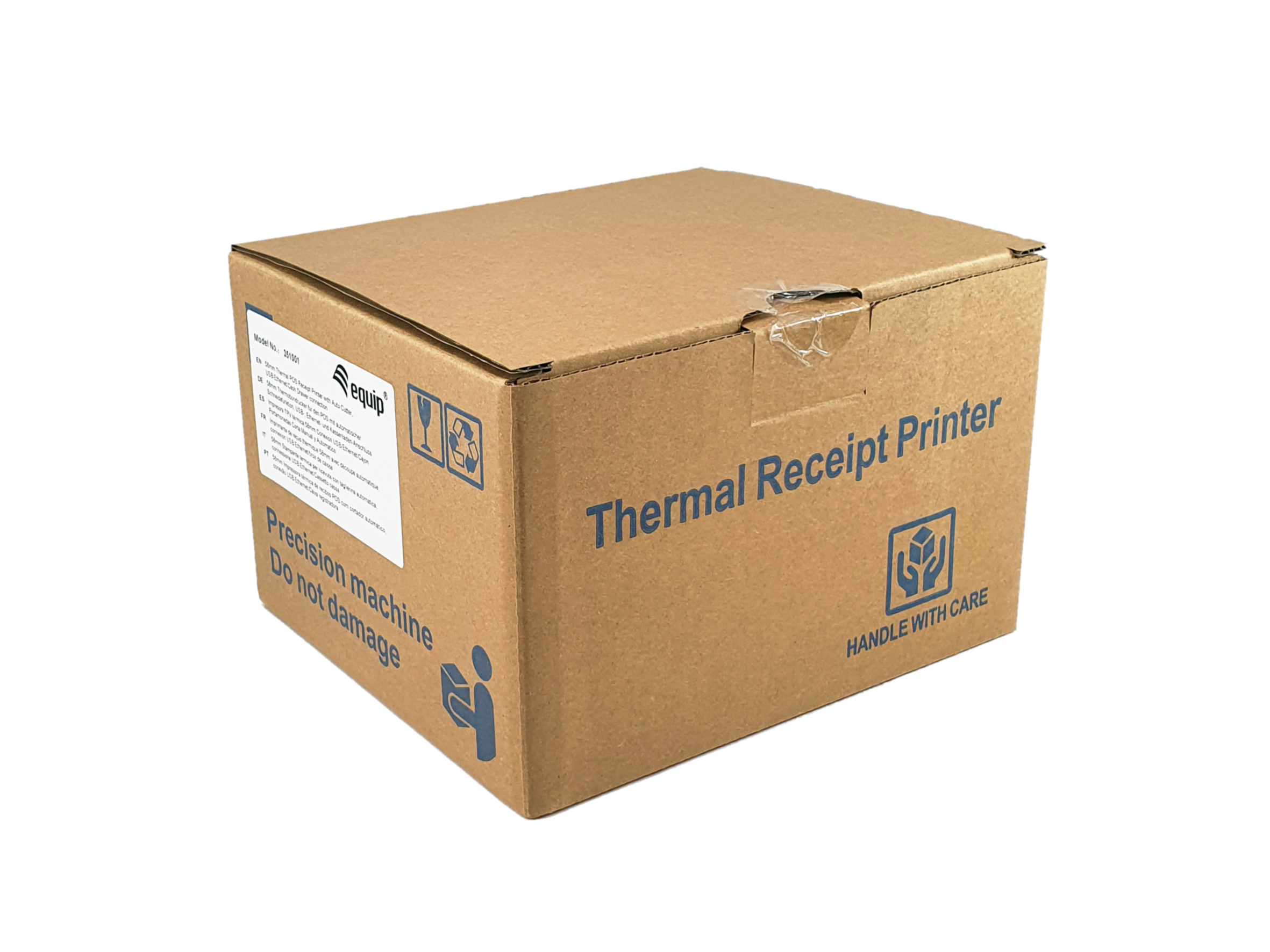 Pokazano brązowe kartonowe pudełko z niebieskim tekstem "Thermal Receipt Printer".