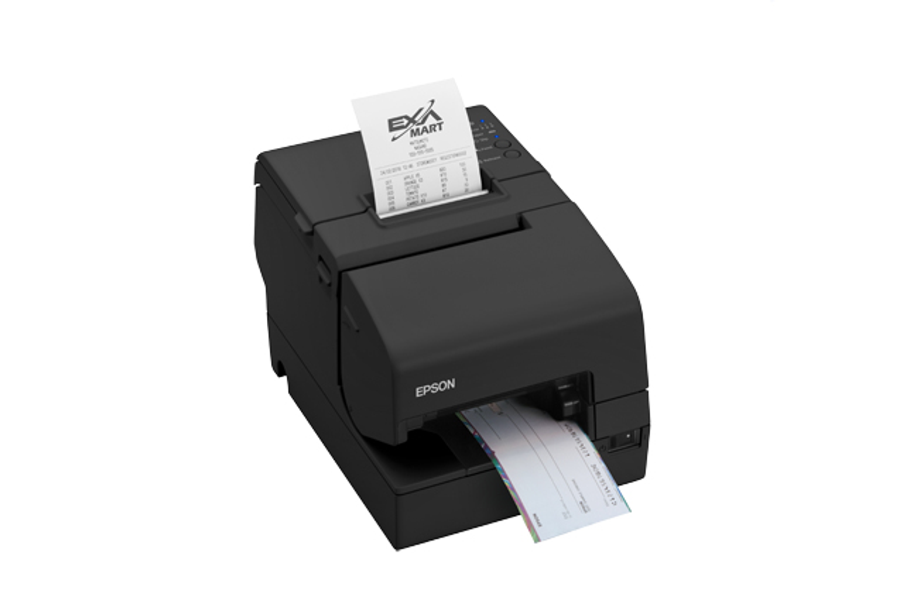 Una impresora de recibos Epson negra imprime un recibo y un cheque, sobre un fondo blanco liso.