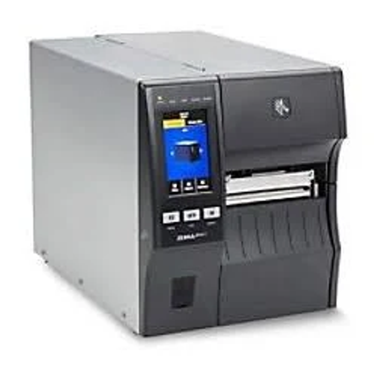 Szaro-czarna drukarka etykiet Zebra z ekranem wyświetlającym ikony i opcje. Zniekształcona perspektywa.