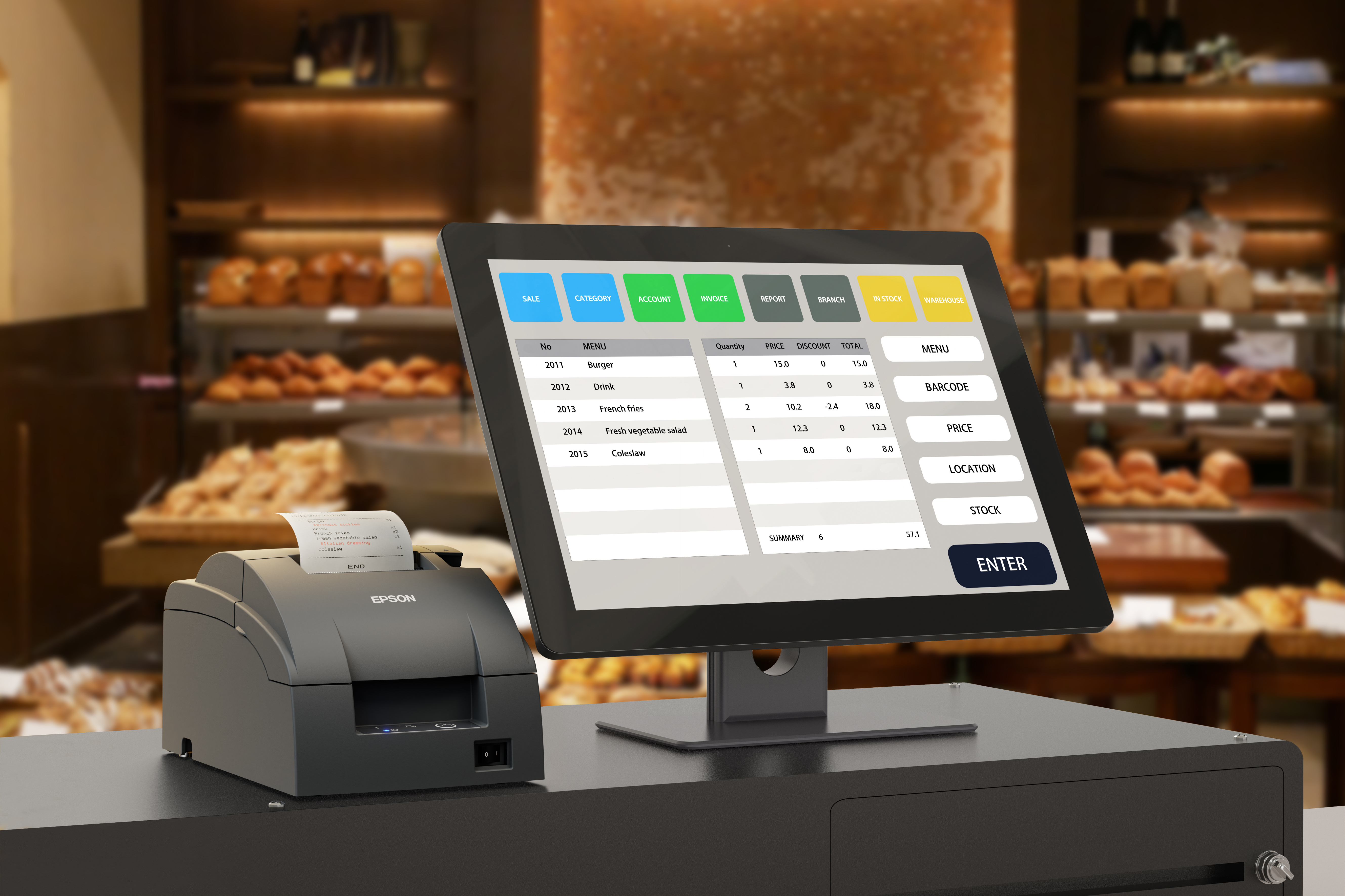 Un sistema di punto vendita con touchscreen e stampante Epson si trova su un bancone in una panetteria.