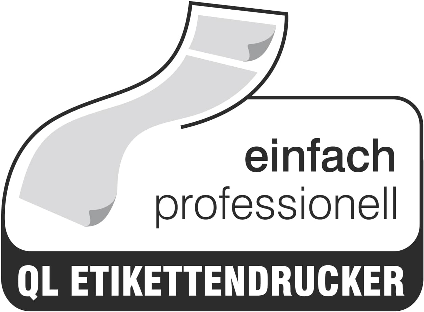 Czarno-białe logo z drukarką etykiet i niemieckim tekstem „einfach professionell”.