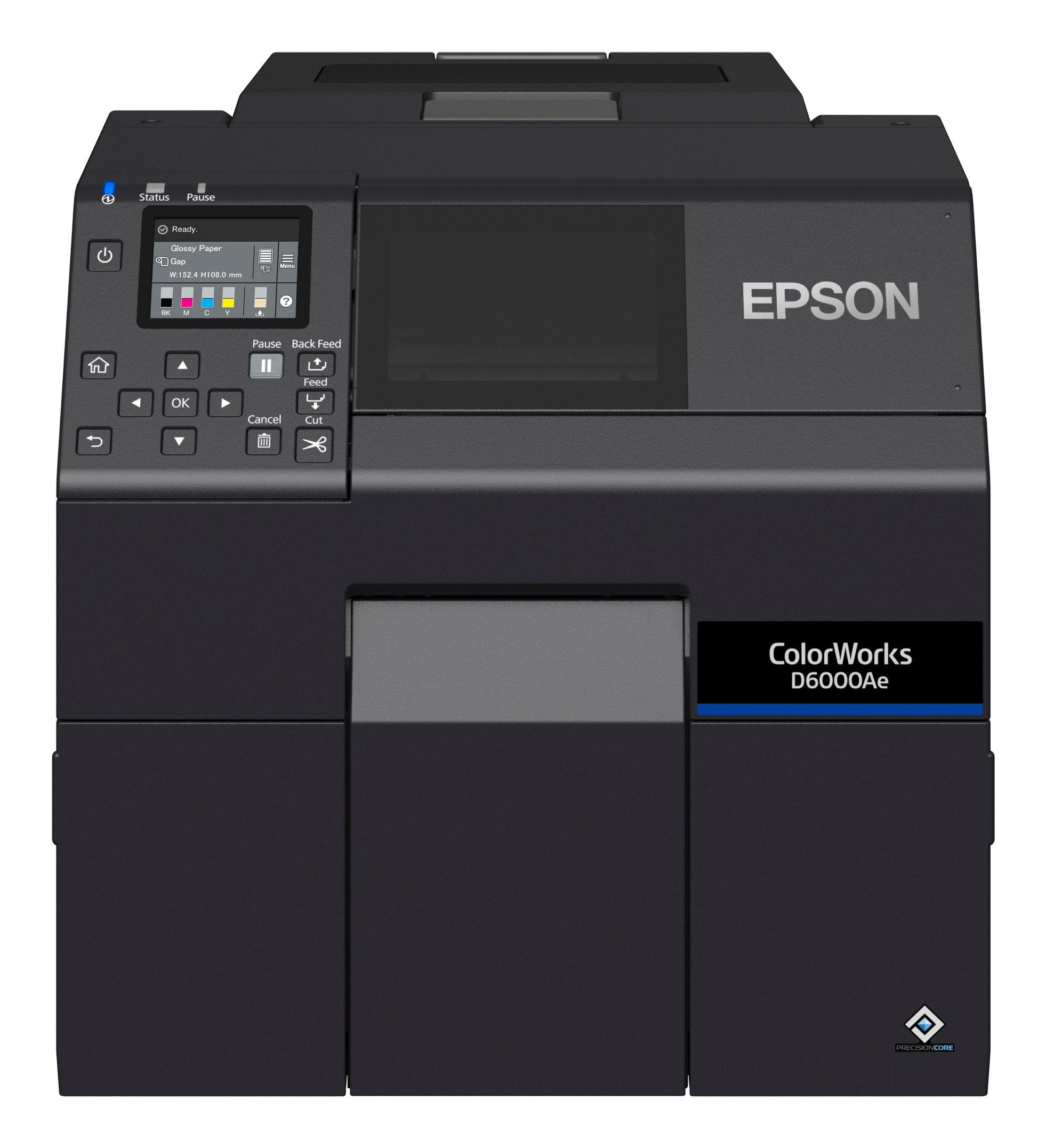 L'immagine mostra una stampante Epson ColorWorks D6000Ae nera con un pannello di controllo e il marchio sulla parte anteriore.