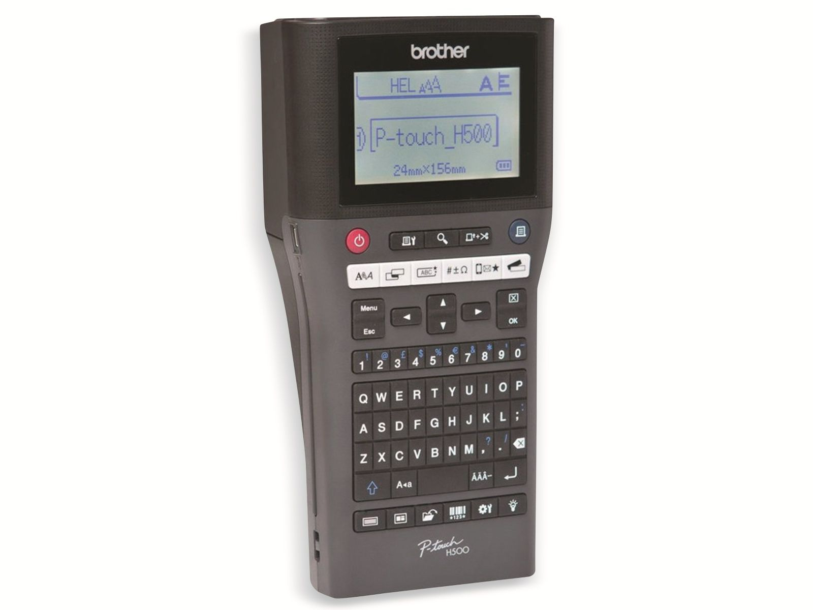 Etichettatrice nera Brother P-touch H500 con tastiera QWERTY su sfondo bianco.