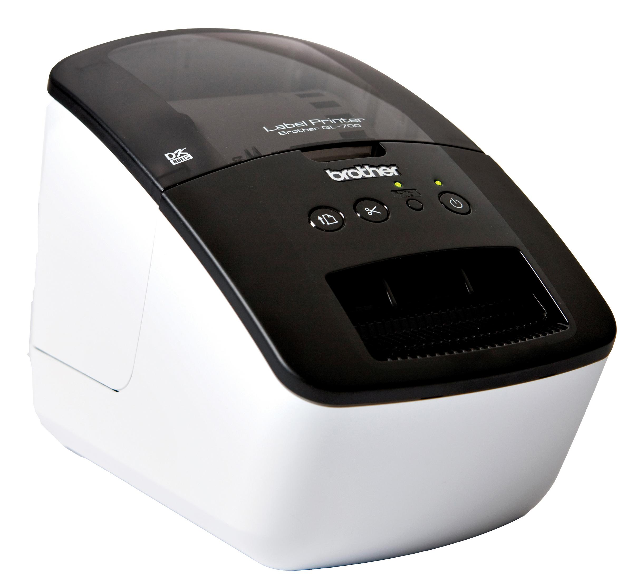 De Brother QL-700 labelprinter is wit met een zwarte bovenkant. De vorm is afgerond.