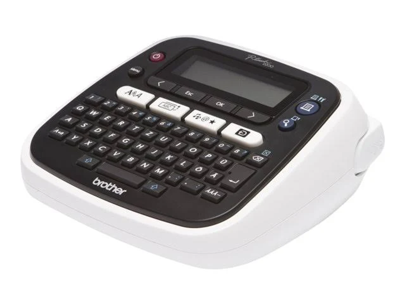 Un'etichettatrice Brother P-Touch bianca con tastiera QWERTY nera e un piccolo schermo.