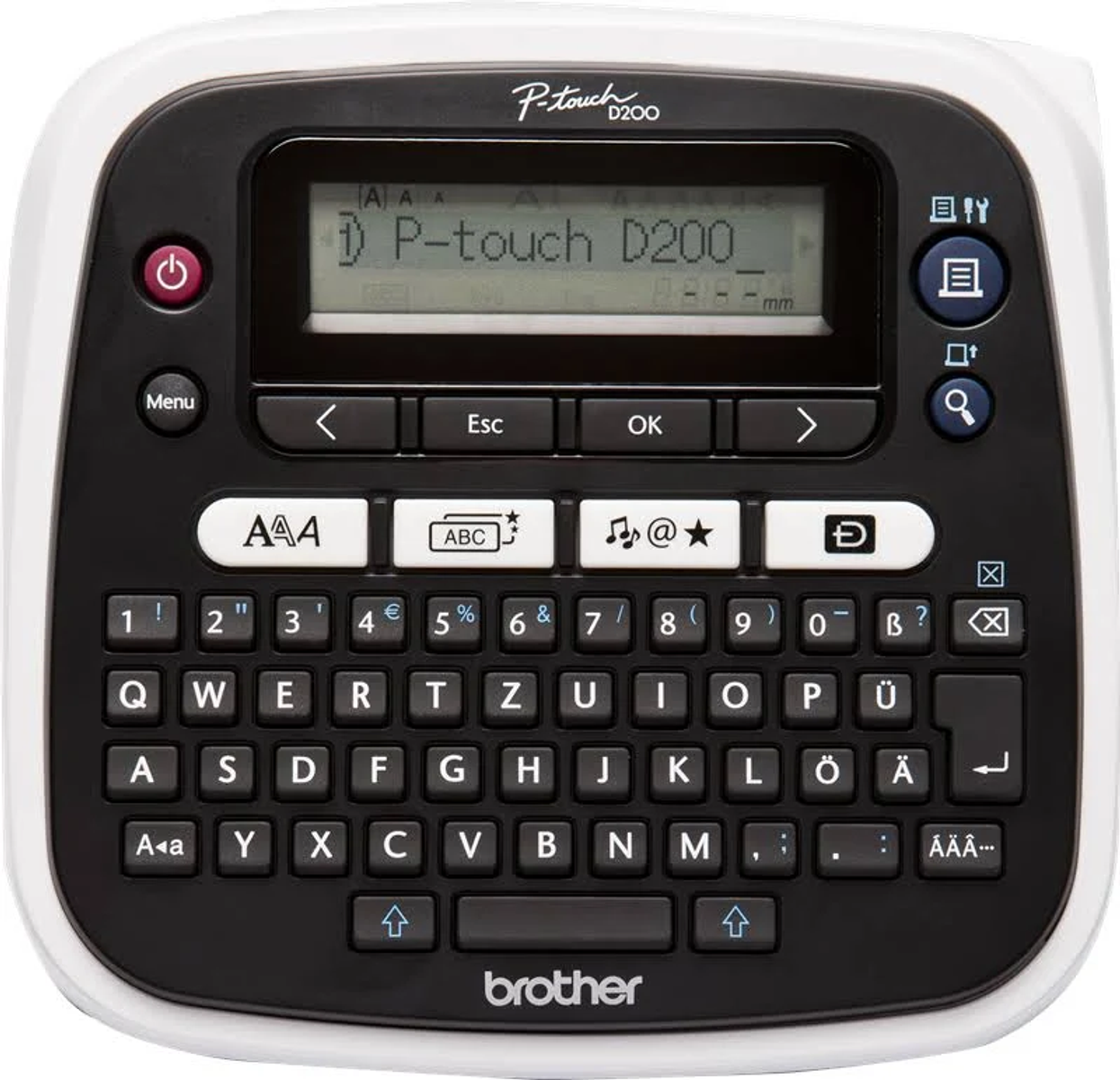 Un'etichettatrice Brother P-Touch D200 bianca e nera con tastiera QWERTY e un piccolo schermo.