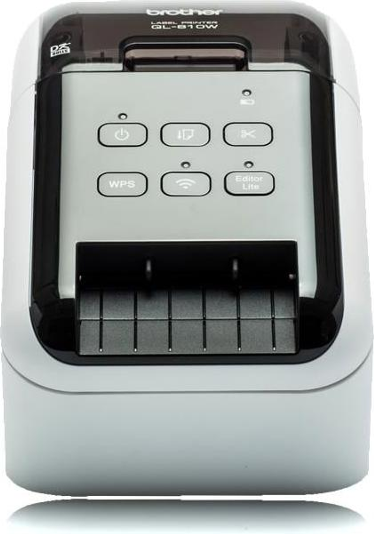 Biało-czarna drukarka etykiet Brother QL-810W z kilkoma przyciskami na panelu przednim.