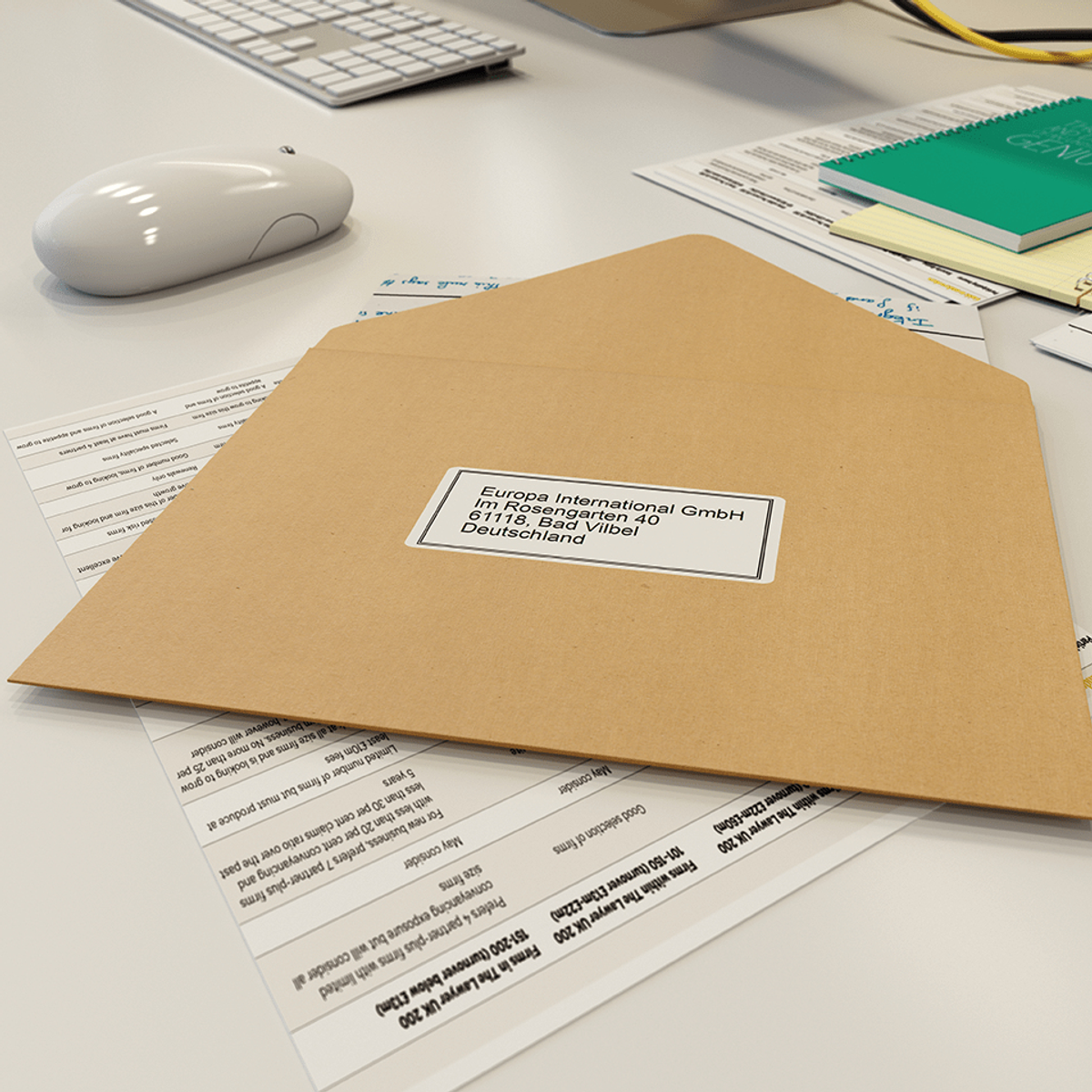 Brązowa koperta z etykietą, papierem i myszką komputerową na biurku.