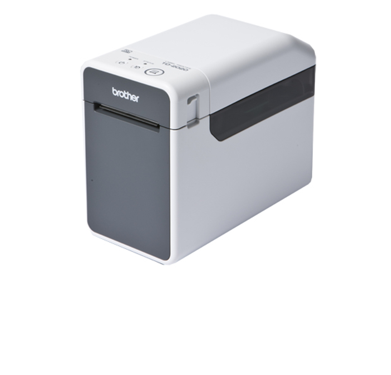 Biało-szara drukarka etykiet Brother TD-4040. Widok z boku na białym tle.