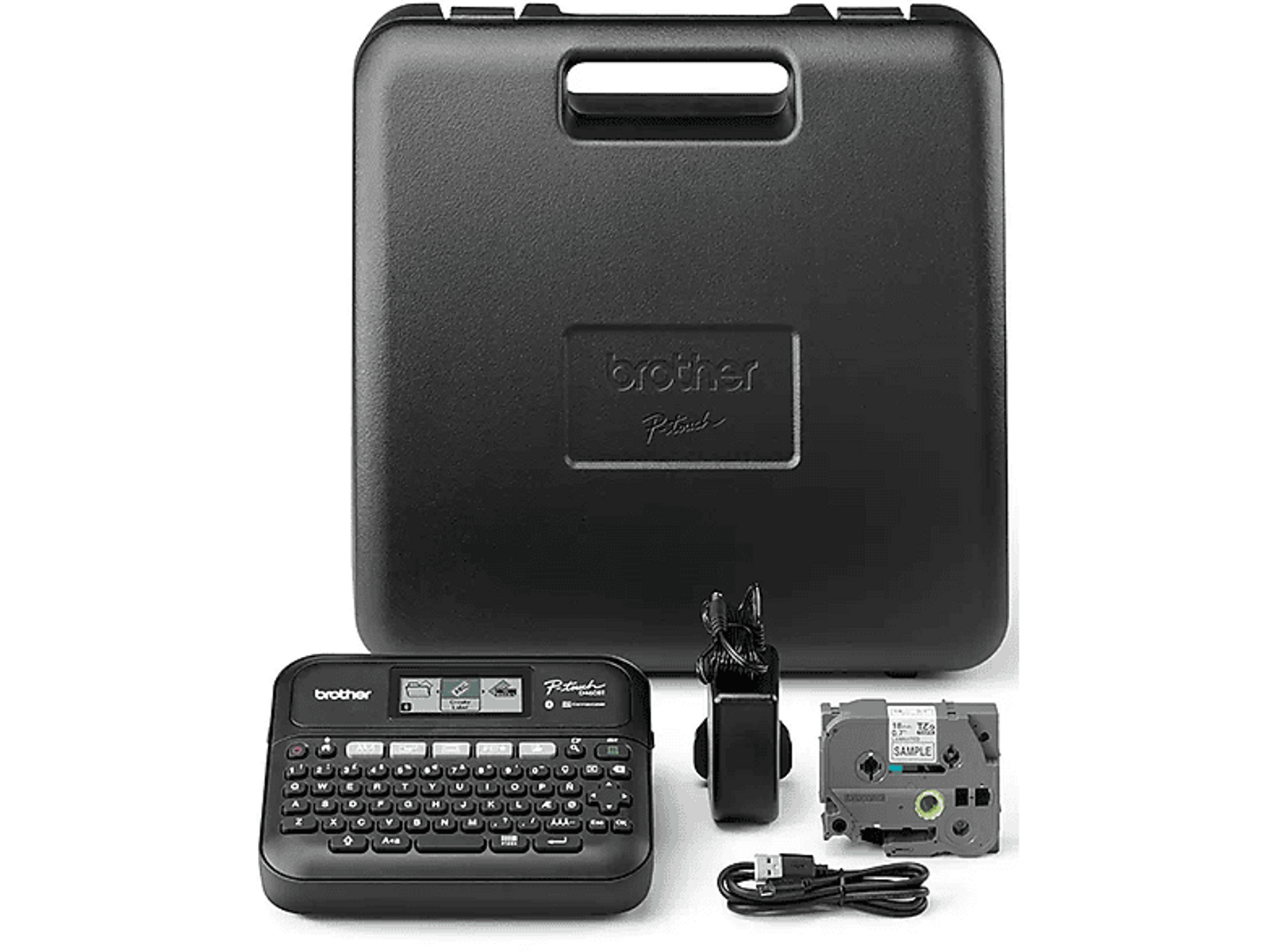 Ein schwarzes Brother P-touch Etikettierer-Set mit Zubehör, einschließlich Koffer und Etiketten.