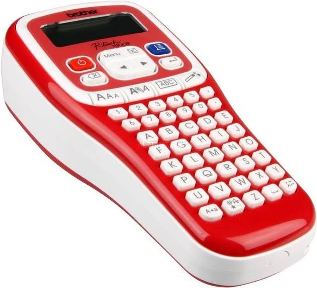 Ein rot-weißer Brother P-touch Etikettendrucker. Er hat eine Tastatur und ein Display, mit rotem Gehäuse.