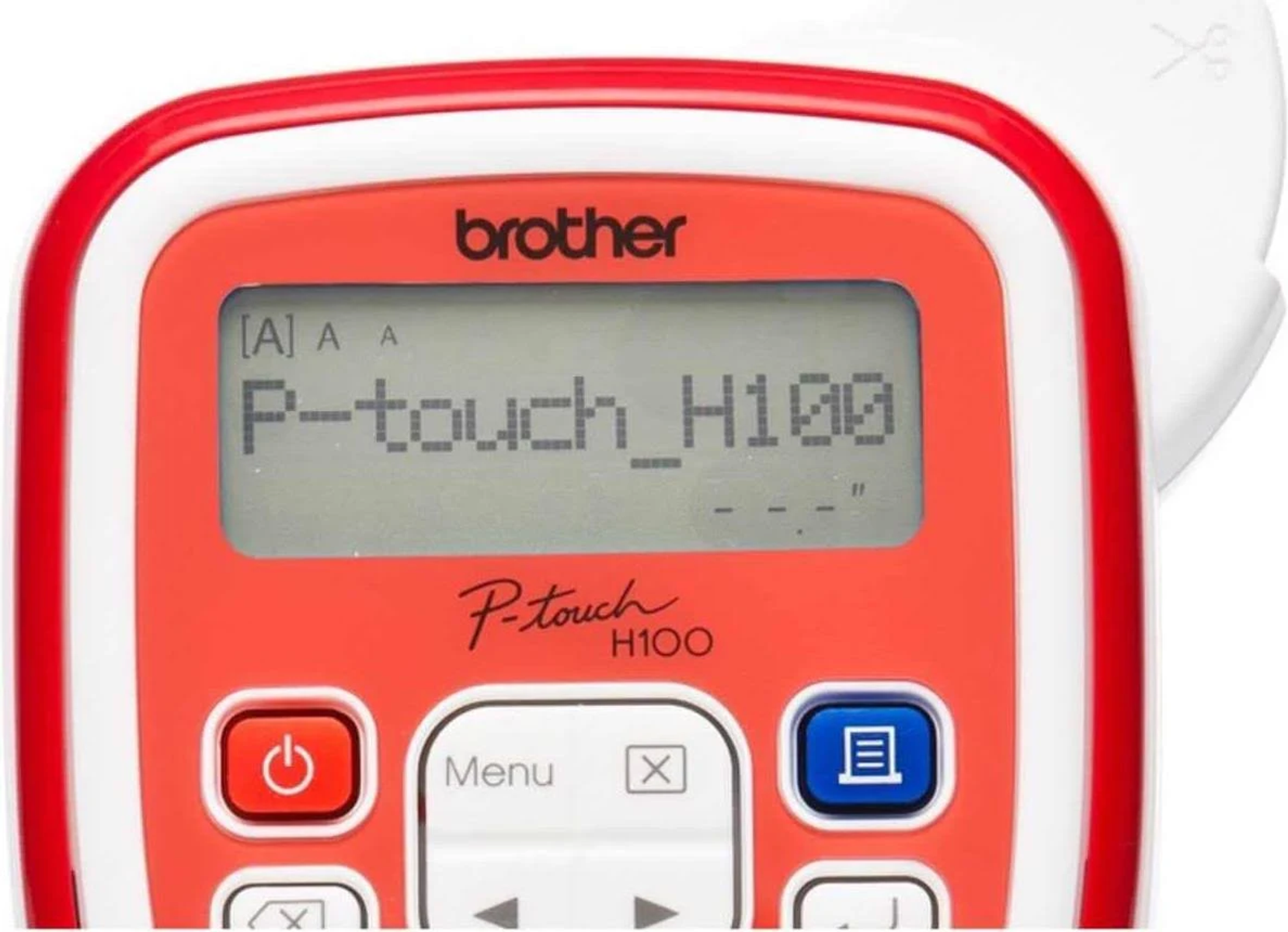 Nahaufnahme eines Brother P-touch Etikettendruckers. Der Bildschirm zeigt 'P-touch H100'. Rotes Gehäuse.