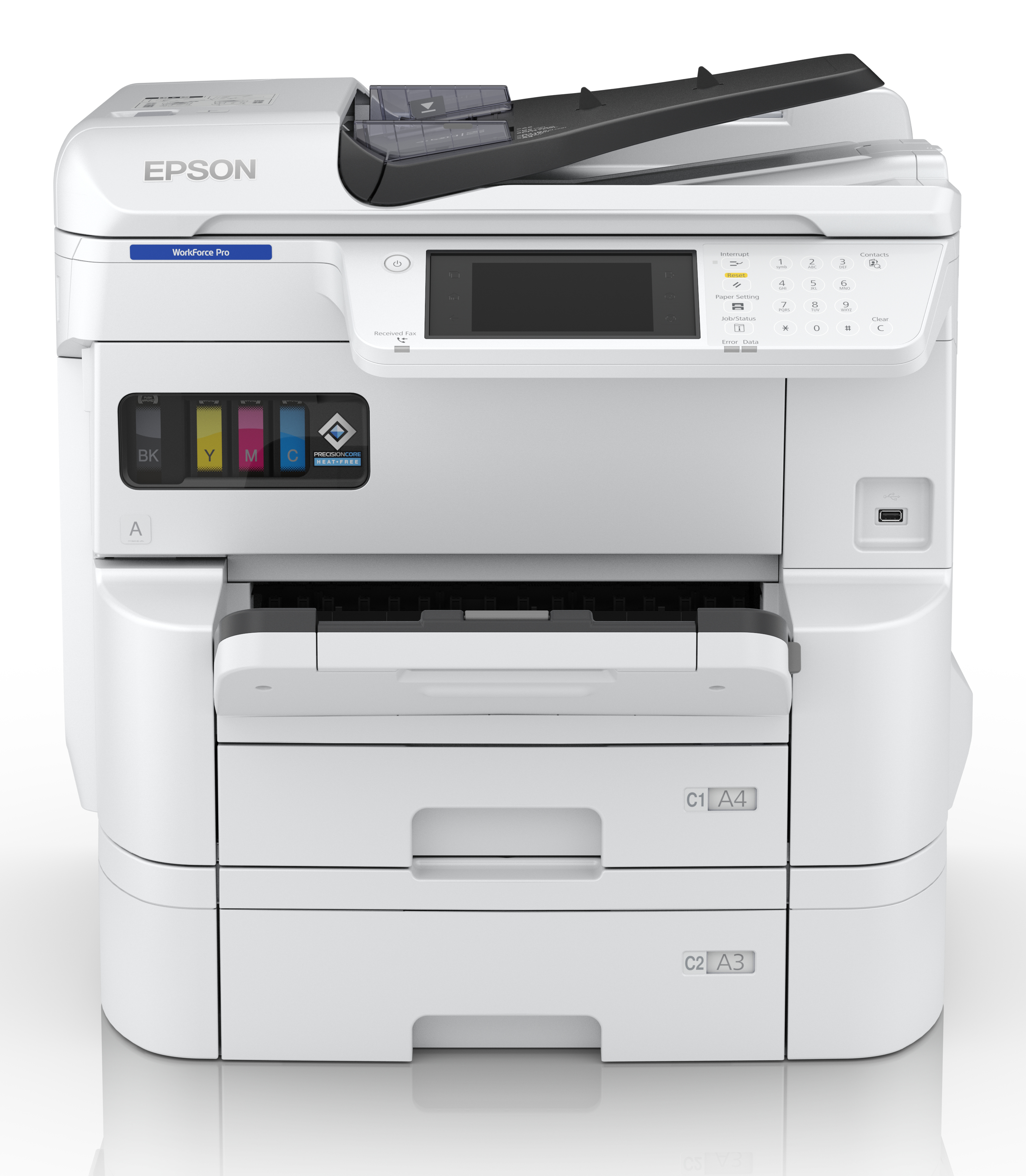 Drukarka Epson Workforce Pro. Biała z czarnym panelem sterowania. Wkłady atramentowe widoczne z boku.