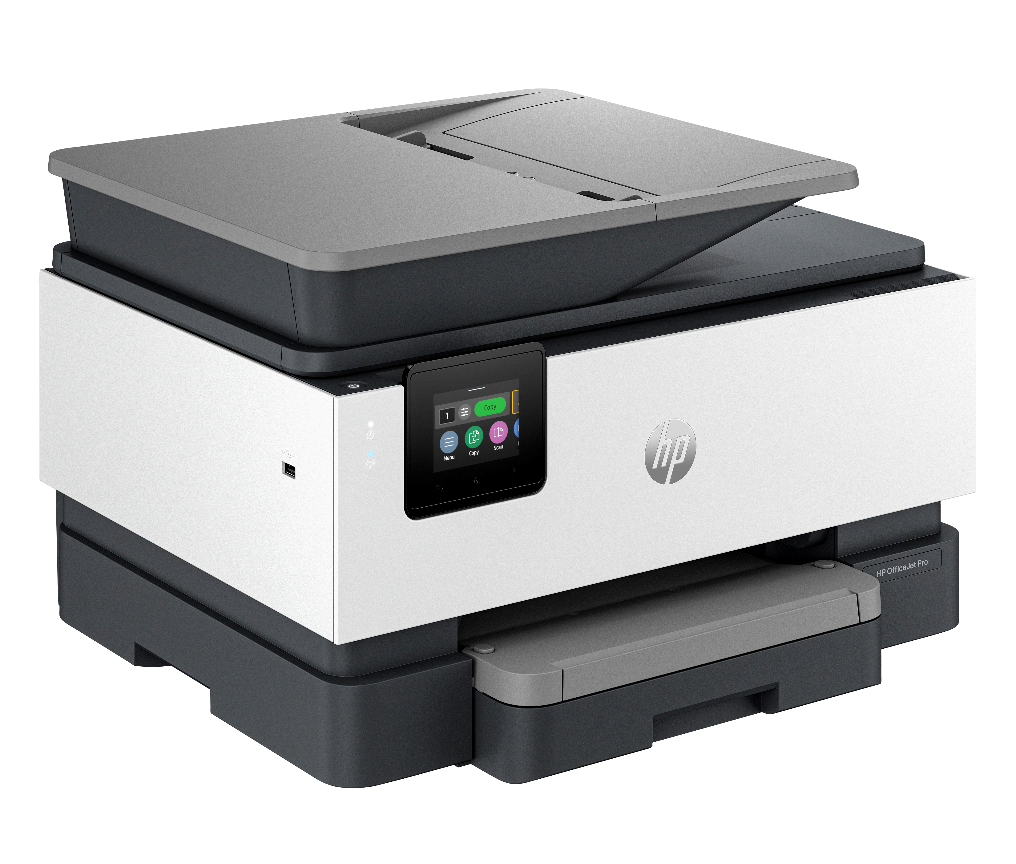 Se muestra una impresora HP OfficeJet Pro, gris y blanca, sobre un fondo blanco.