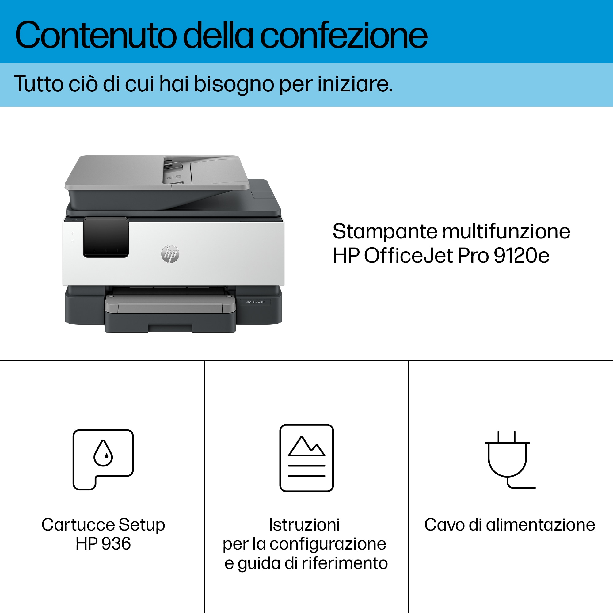 Una stampante HP OfficeJet Pro 9120e grigia e bianca su uno sfondo bianco e blu.