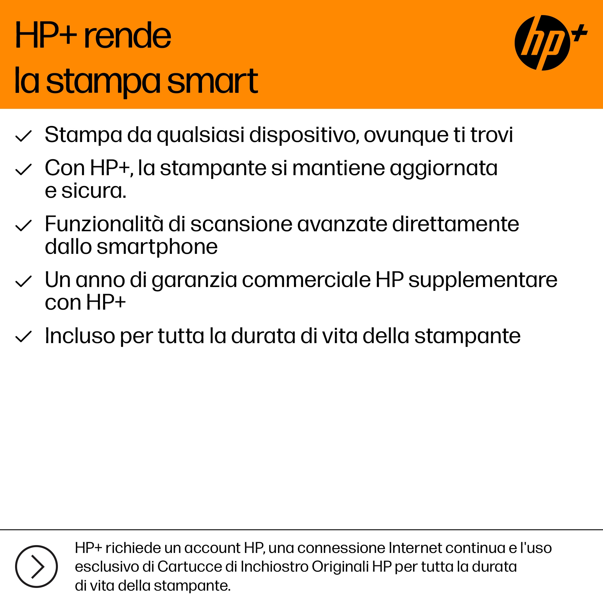 Uno sfondo arancione con il logo HP e testo bianco, che elenca le funzionalità di HP+.