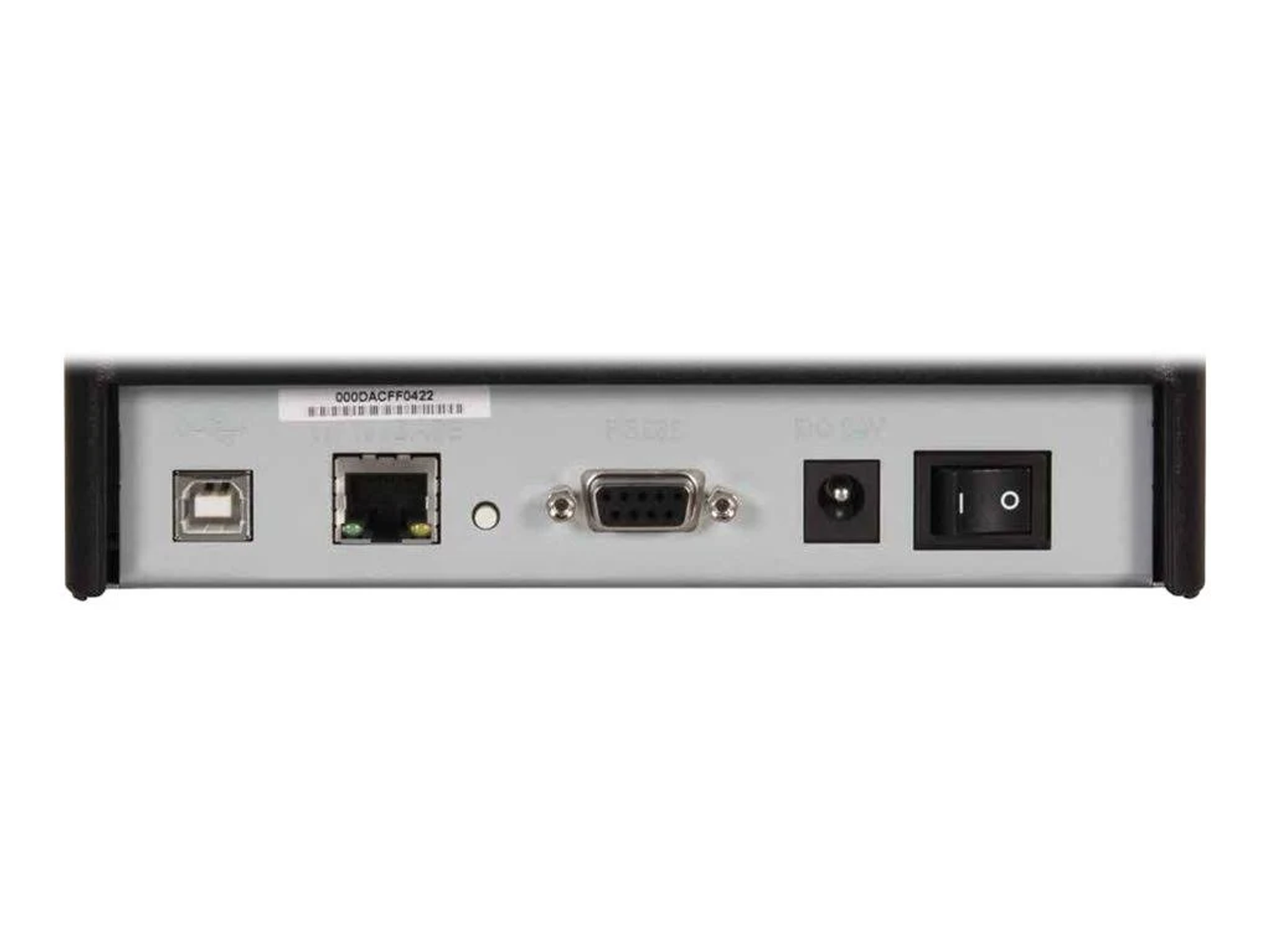 Vista posteriore di un dispositivo nero con porte USB, Ethernet, seriali e interruttore.