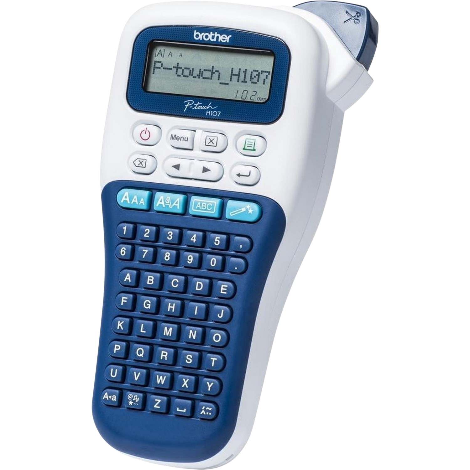 Biało-niebieska etykieciarka Brother P-touch. Ma ekran i klawiaturę QWERTY.