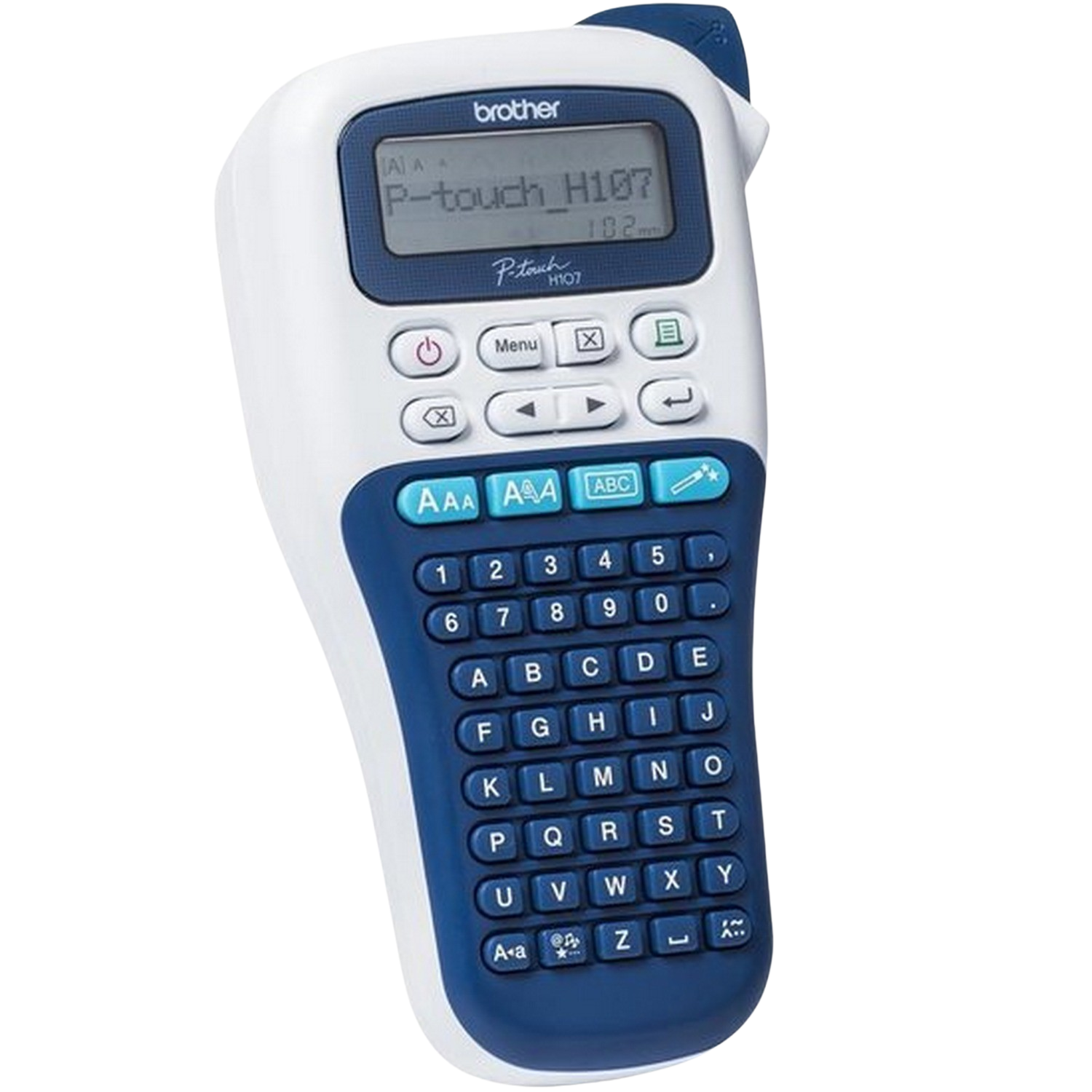 Biało-niebieska etykieciarka Brother P-touch. Ma ekran i klawiaturę QWERTY.