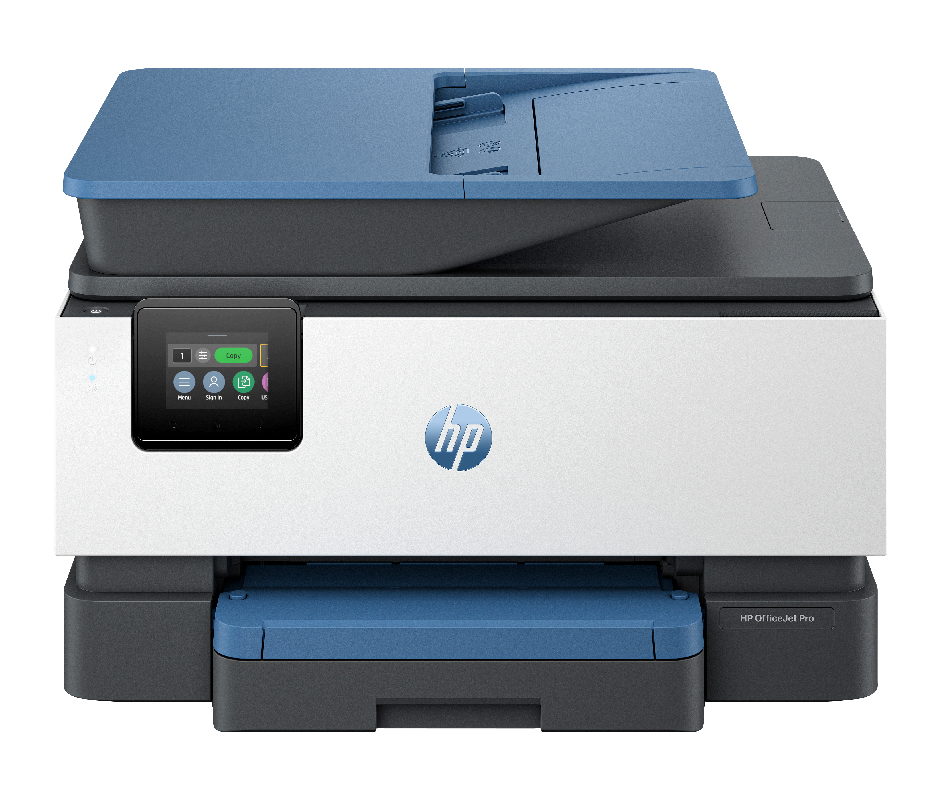 Una stampante HP OfficeJet Pro bianca con parte superiore e vassoio carta blu su sfondo bianco.