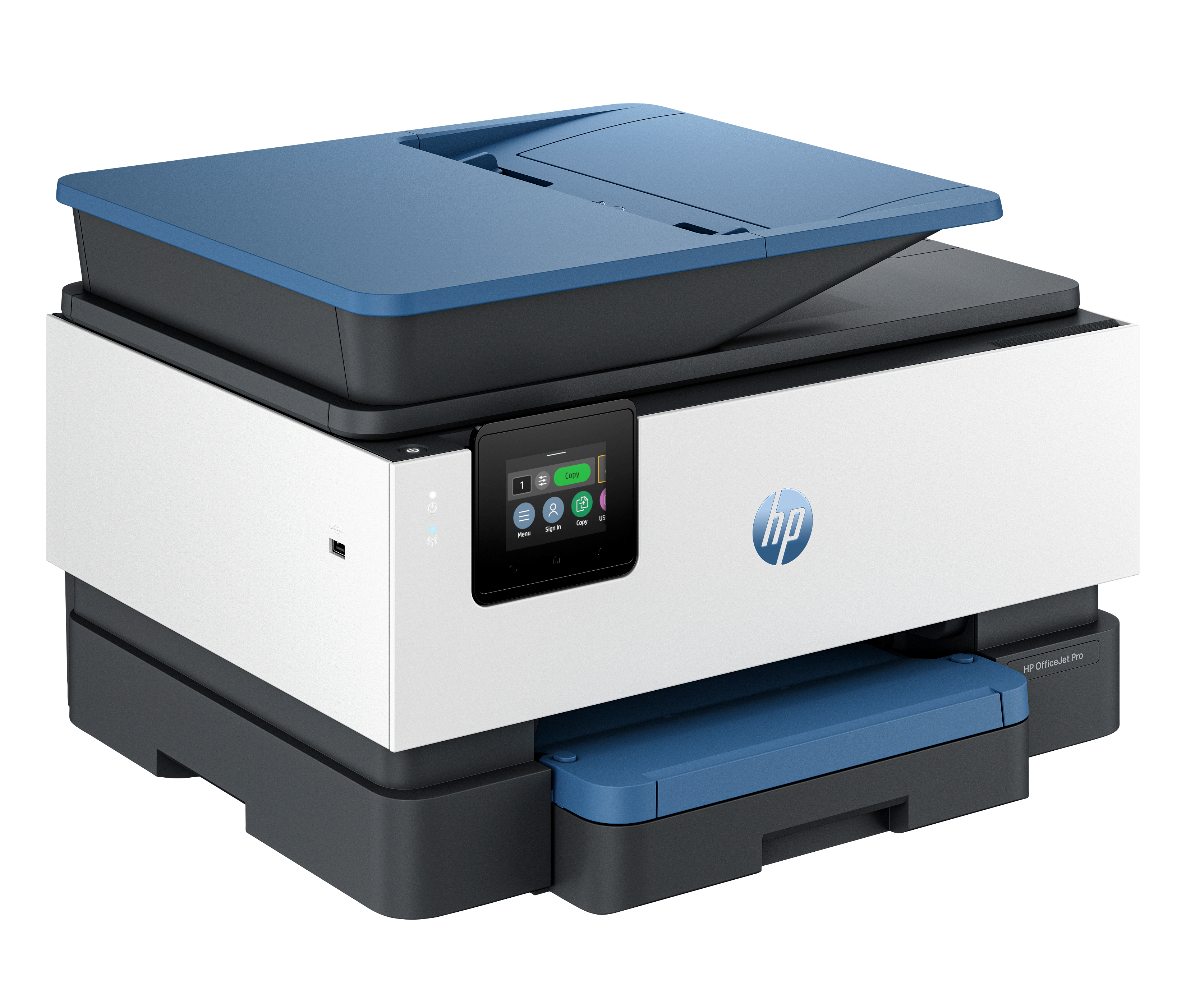 Una stampante HP OfficeJet Pro bianca con parte superiore e vassoio carta blu su sfondo bianco.
