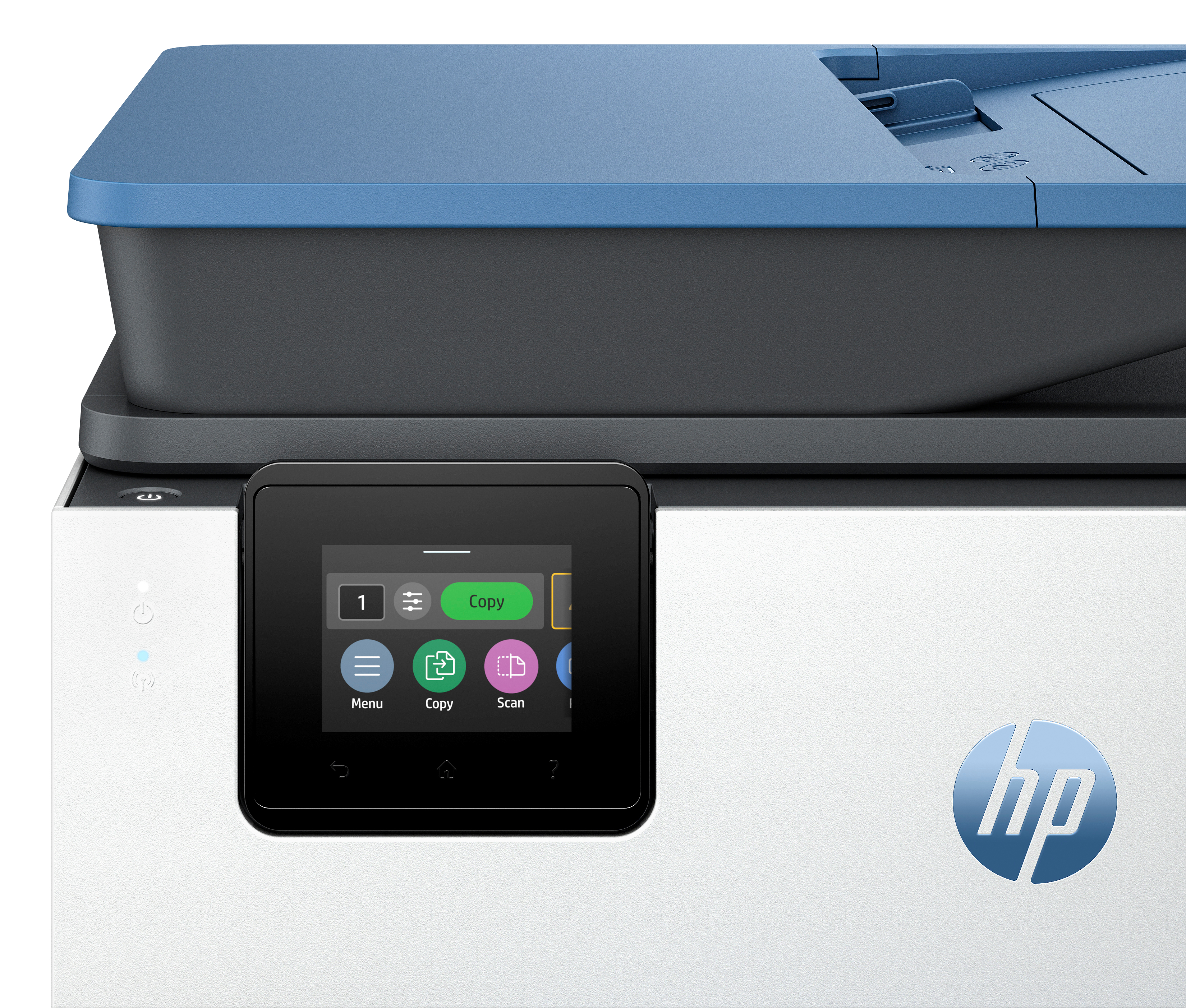 Primo piano di una stampante HP OfficeJet Pro, che mostra il pannello di controllo e la parte superiore blu, su sfondo bianco.
