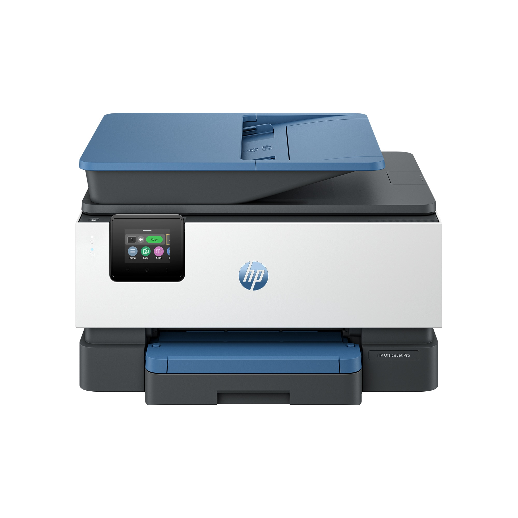 Una stampante HP OfficeJet Pro bianca con parte superiore e vassoio carta blu, su uno sfondo bianco.