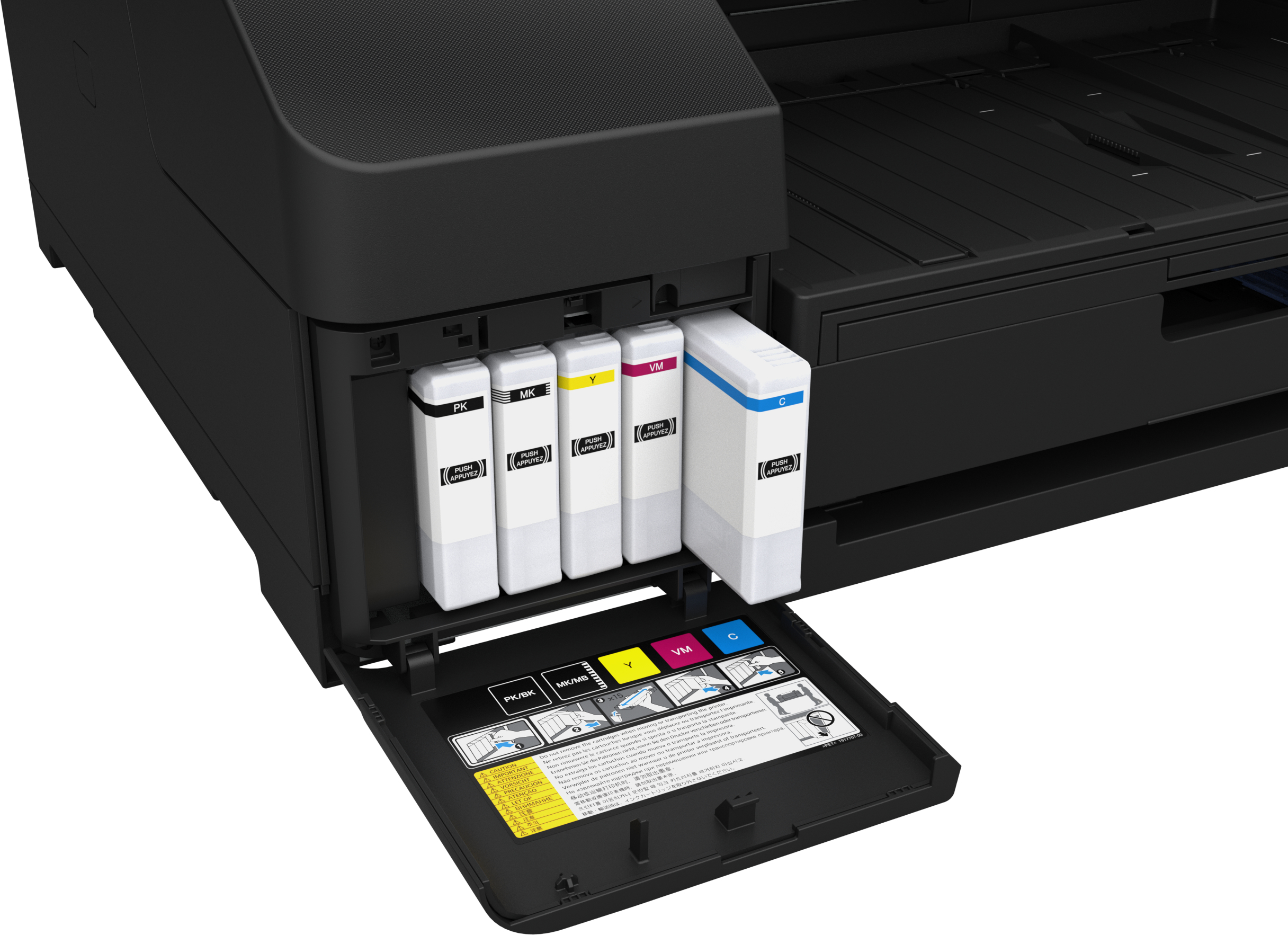 Primo piano delle cartucce di inchiostro della stampante Epson, sportello aperto.