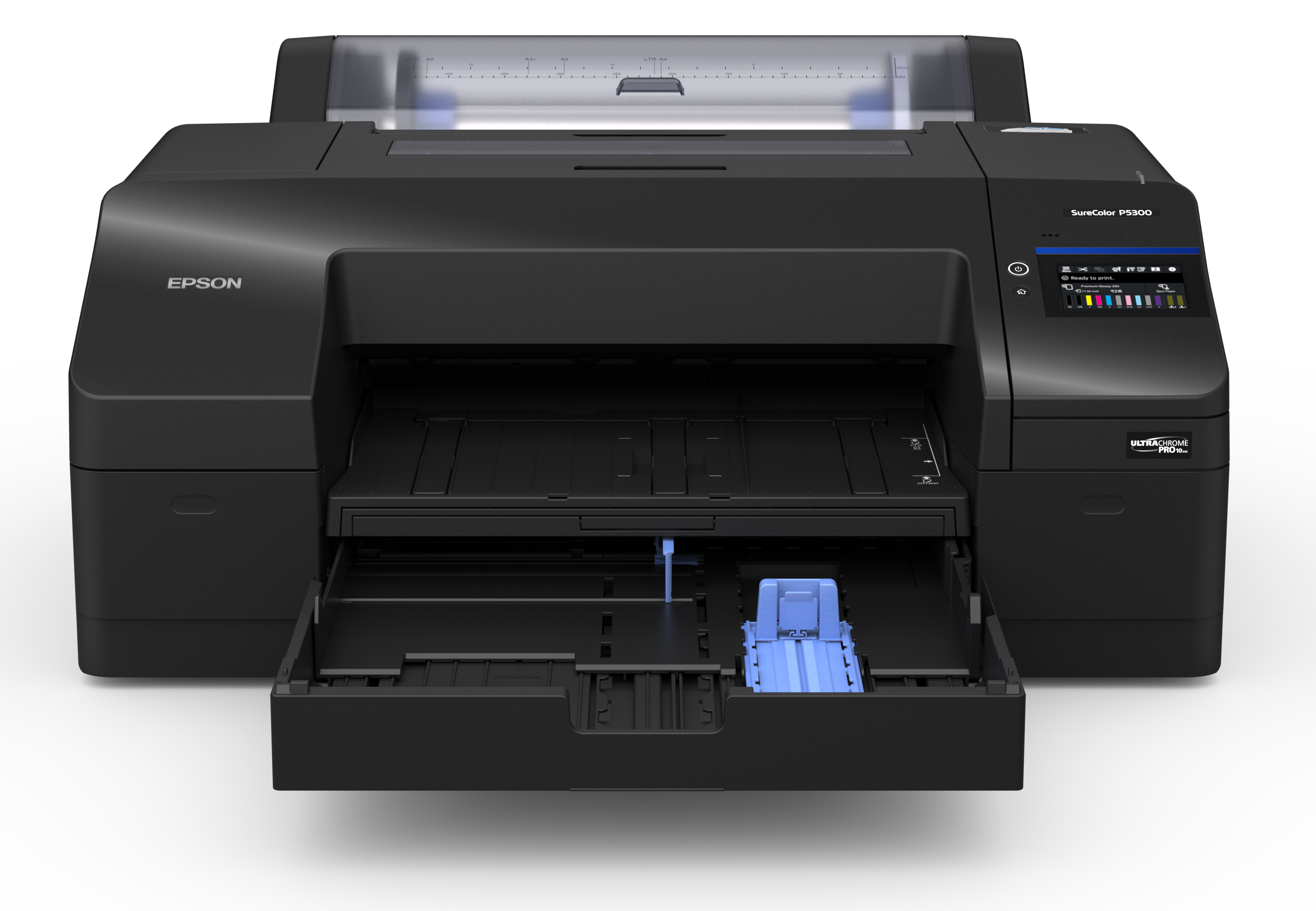 Stampante Epson nera con vassoio carta aperto, su bianco.