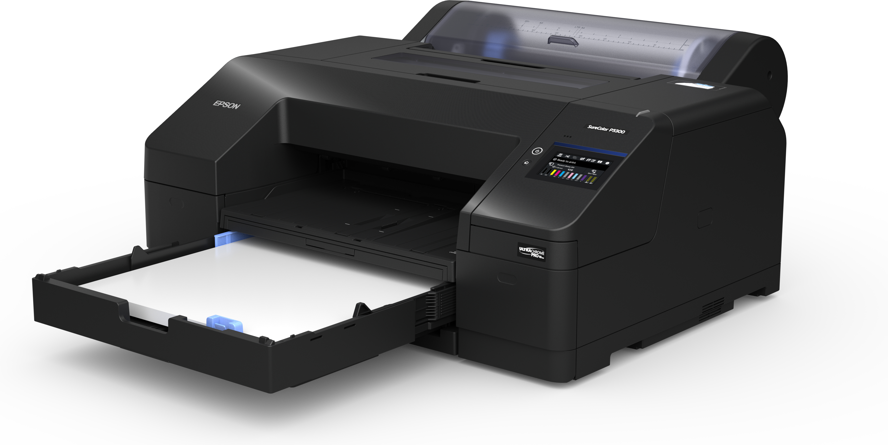 Stampante Epson nera con vassoio carta aperto, su bianco.