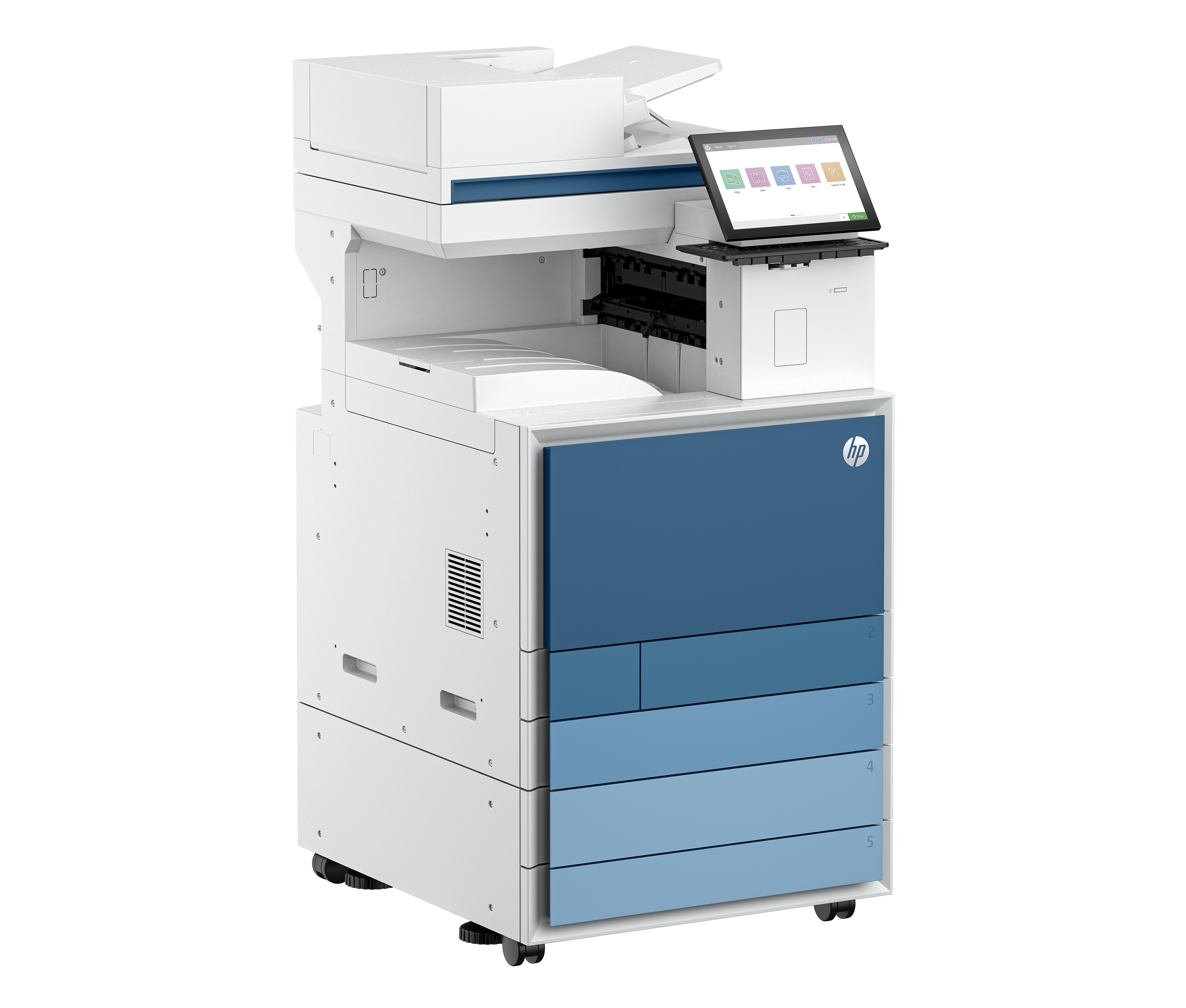Una impresora HP alta y blanca con detalles en azul y una interfaz de pantalla táctil, en ángulo desde el lateral.