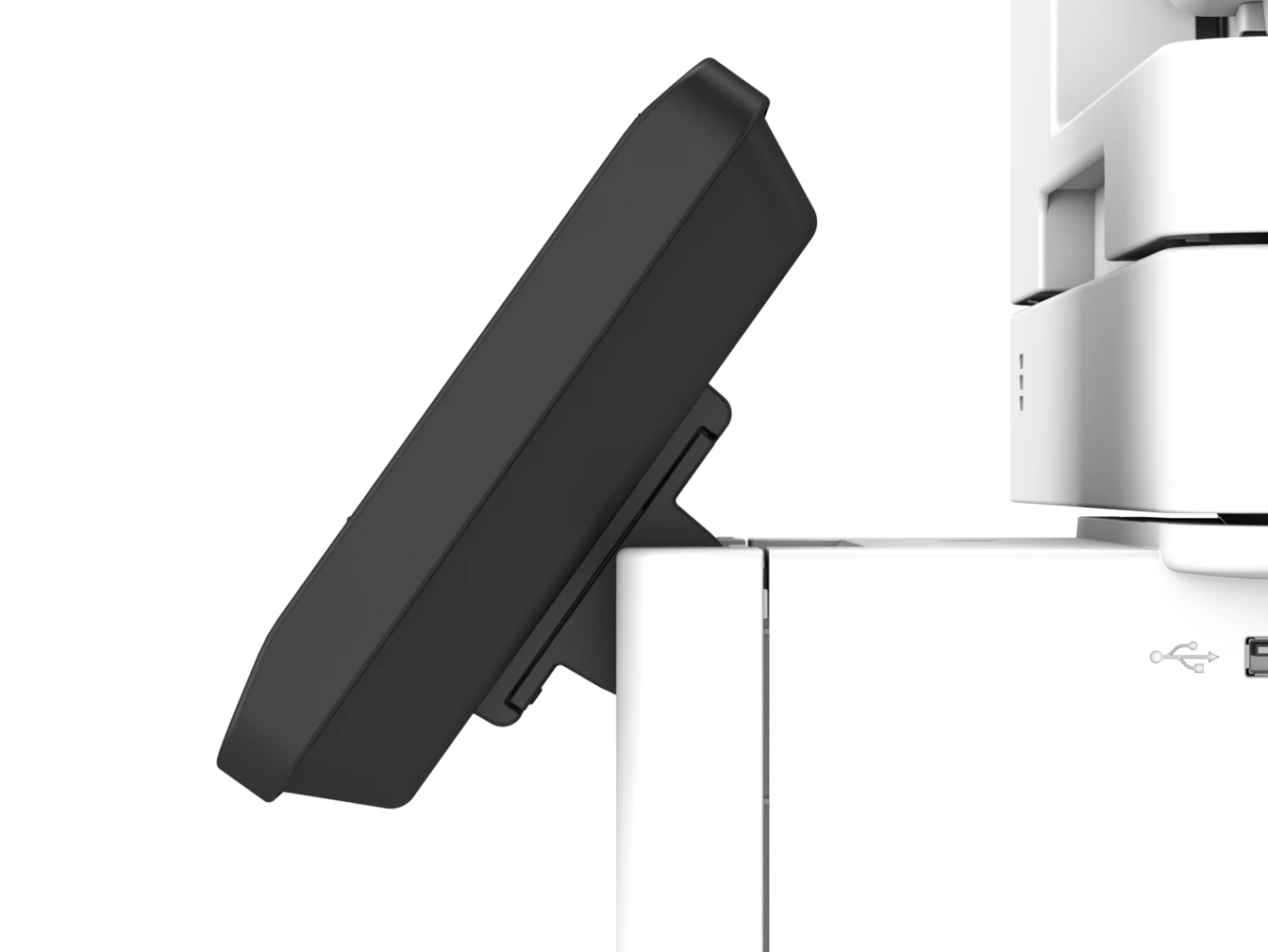 Ukośny widok z boku panelu sterowania drukarki. Panel jest czarny i umieszczony na białej drukarce.