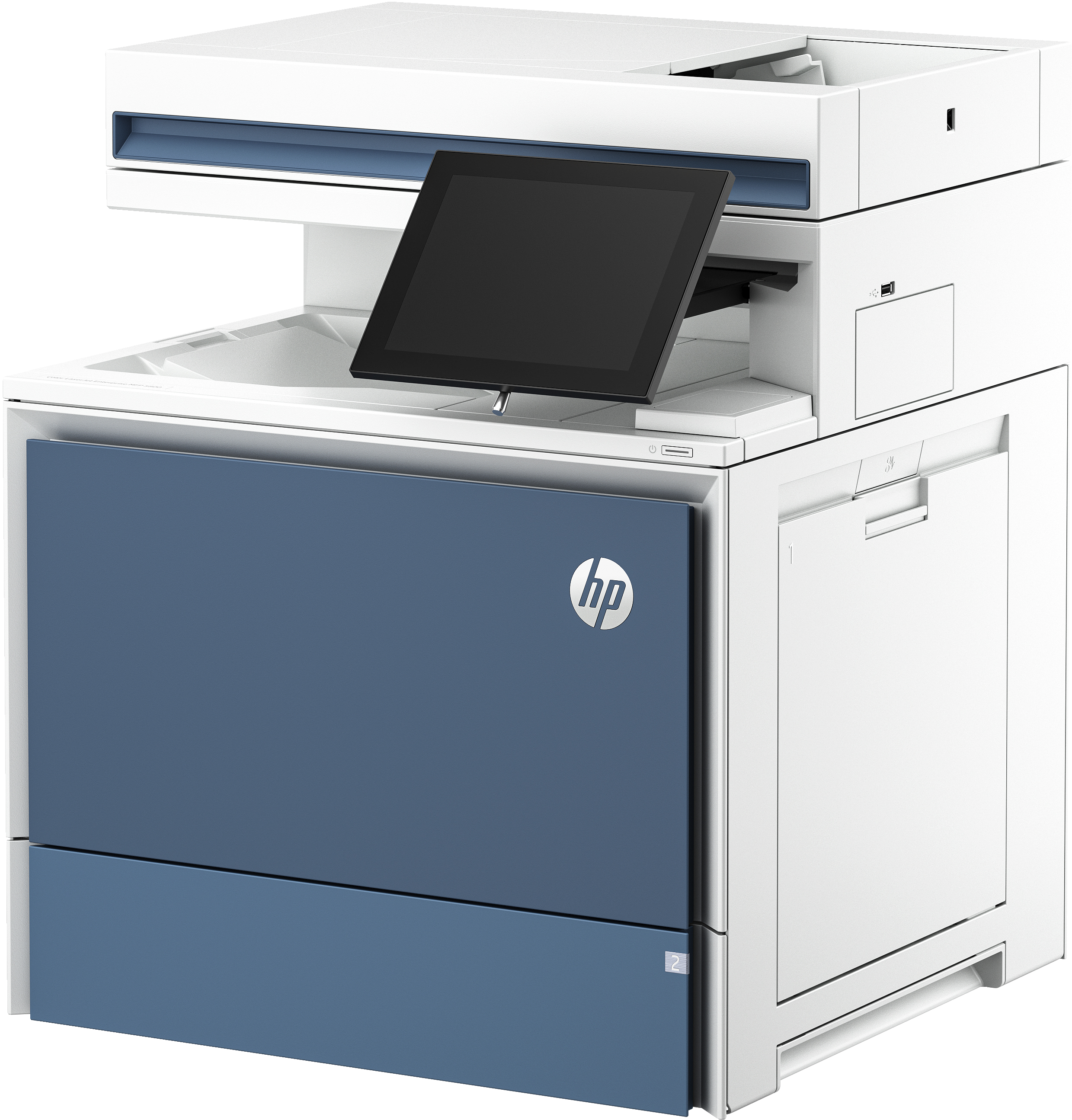 Una impresora HP azul y blanca con pantalla táctil, en ángulo para mostrar claramente su diseño y características de interfaz.