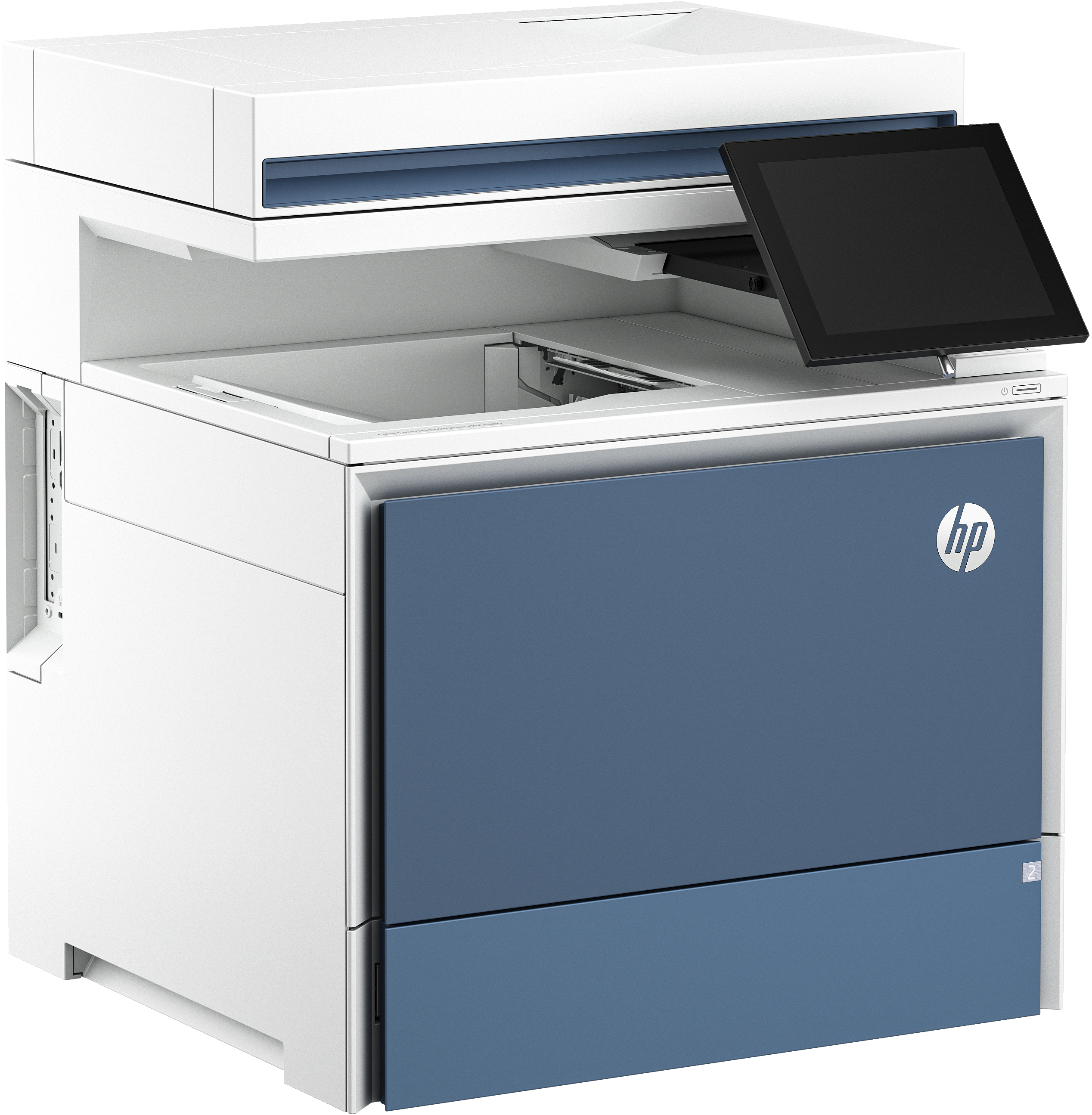 Una impresora HP azul y blanca con pantalla táctil y un diseño limpio, optimizada para uso en oficina.