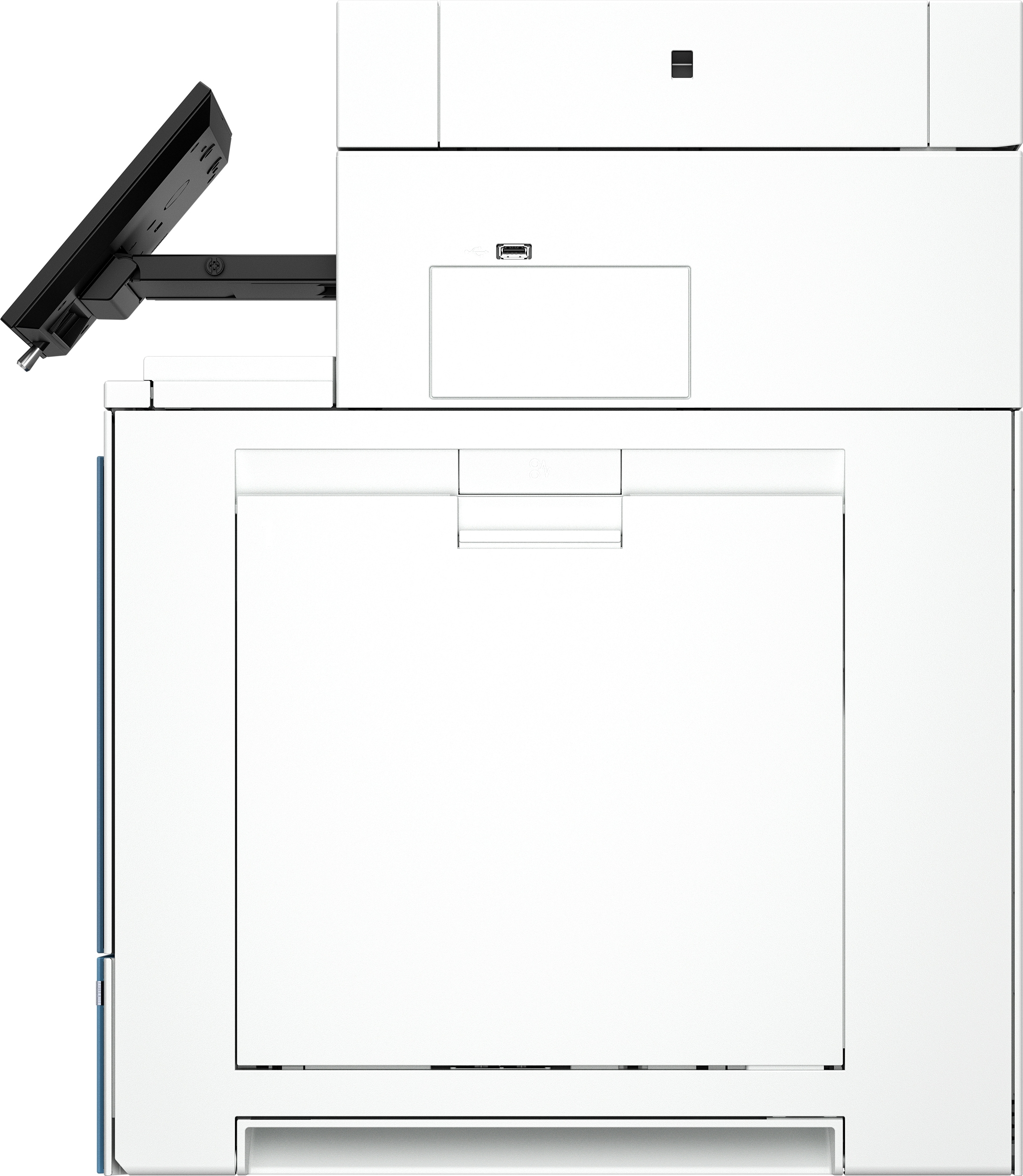 Una impresora blanca vista desde atrás, que muestra sus puertos de entrada y su diseño minimalista, sobre un fondo liso.