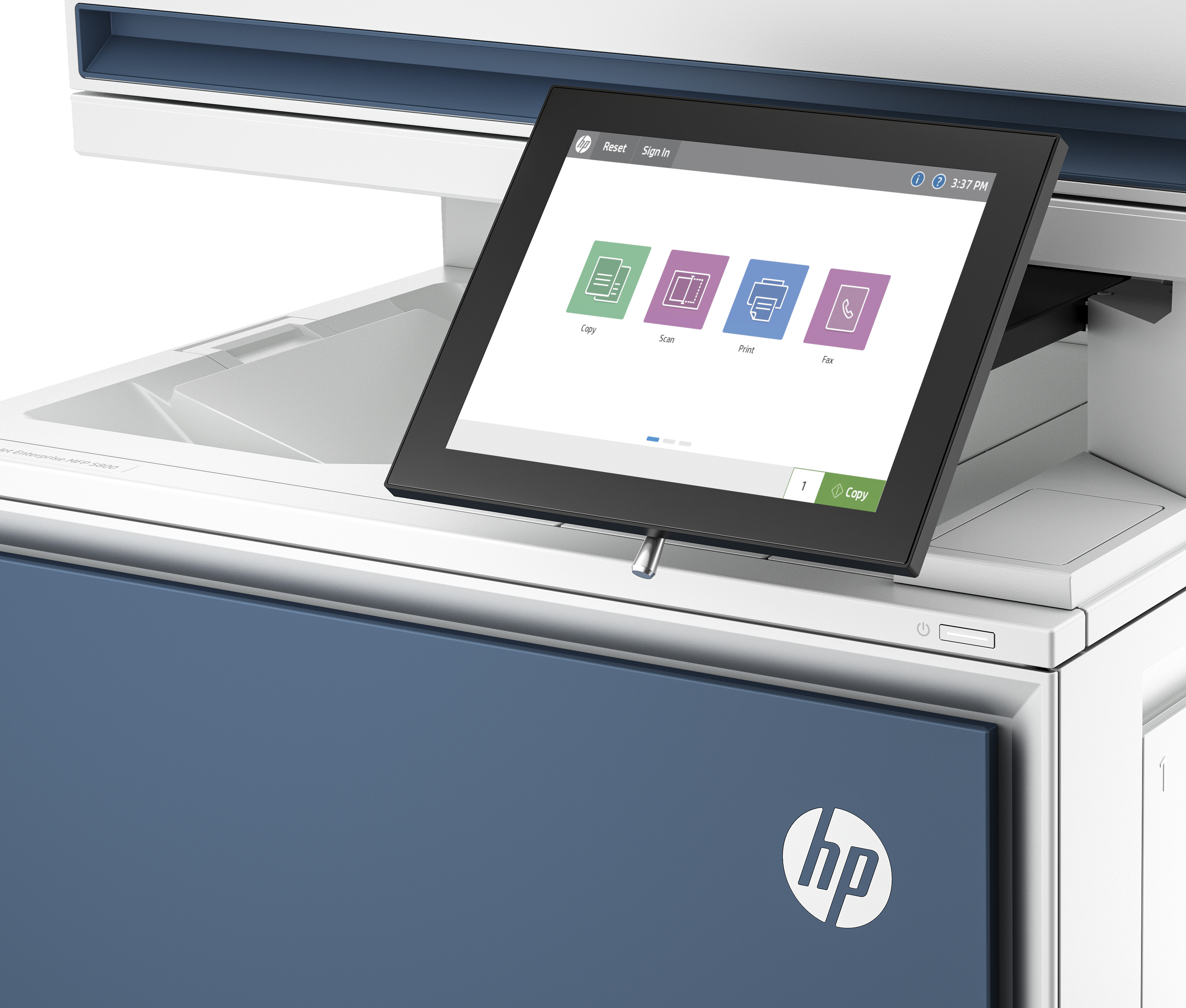 Un primer plano de una impresora HP azul y blanca, que destaca su interfaz de pantalla táctil con opciones de copiar, escanear.