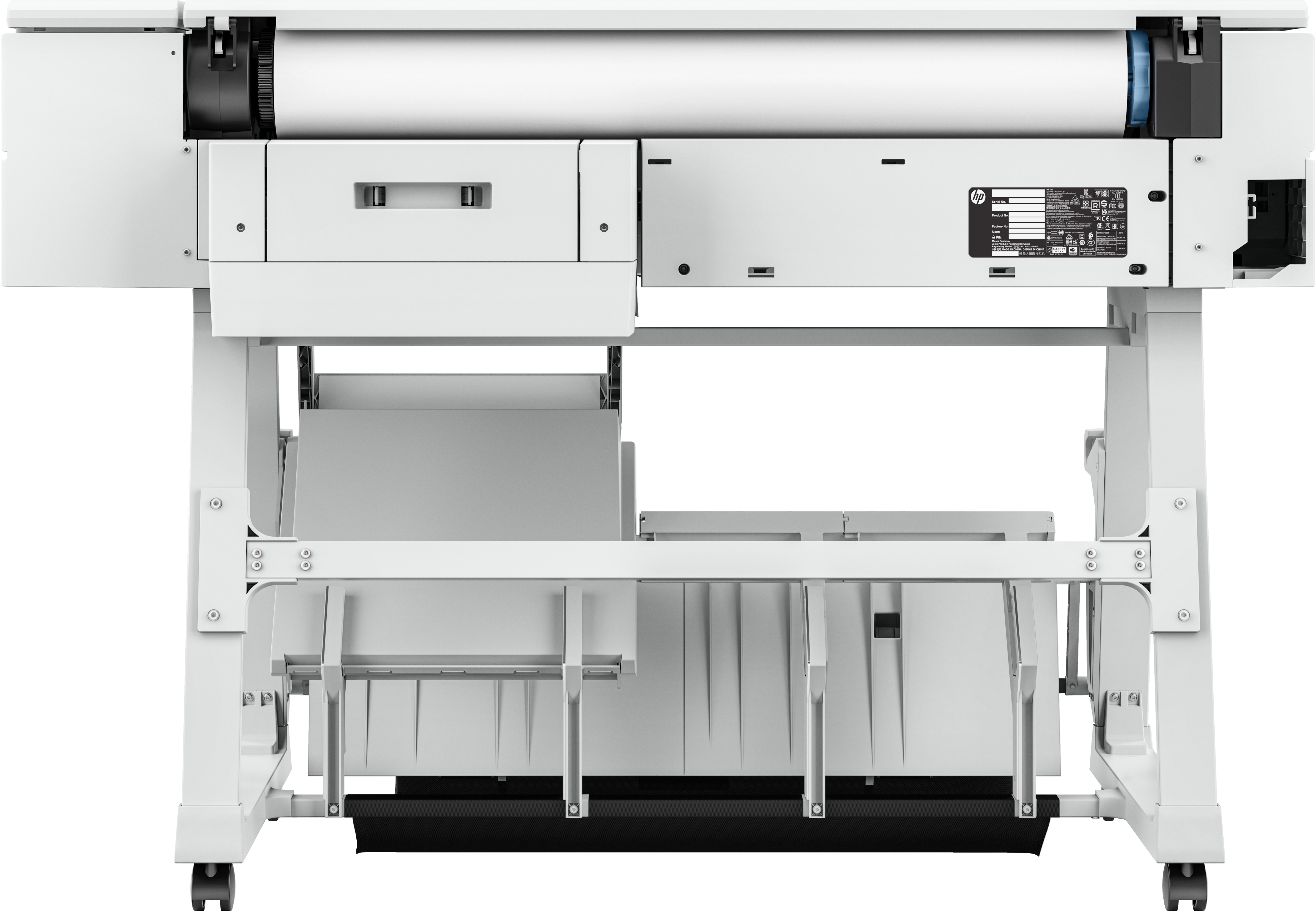 Een witte HP plotter op een standaard met wielen, met het achterpaneel en interne componenten.