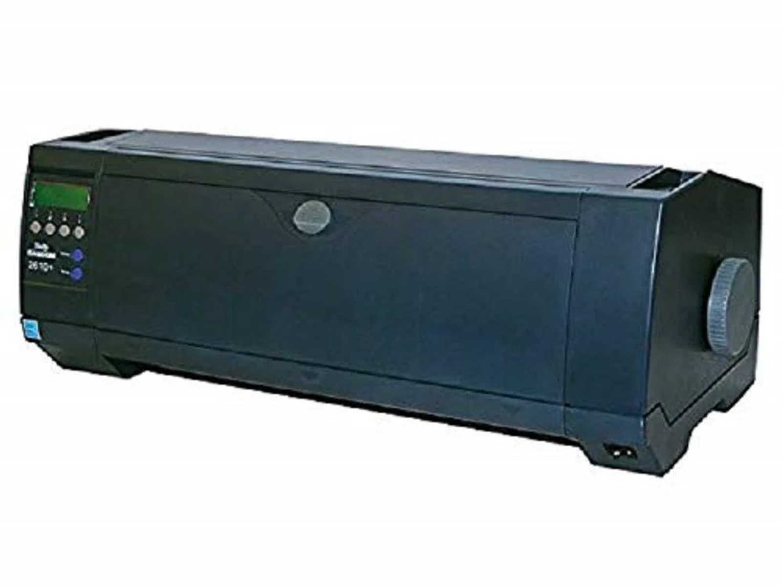 Ciemnoniebieska drukarka z zielonym wyświetlaczem. Jest prostokątna, z pokrętłem z boku.