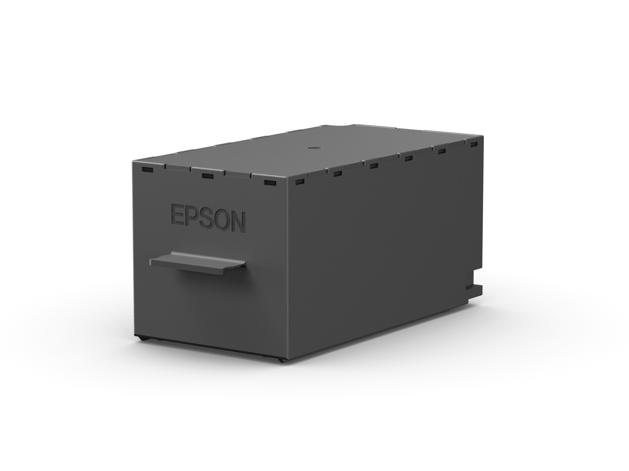 Szare pudełko z akcesoriami do drukarki Epson. Logo Epson znajduje się z przodu pudełka, które ma uchwyt.