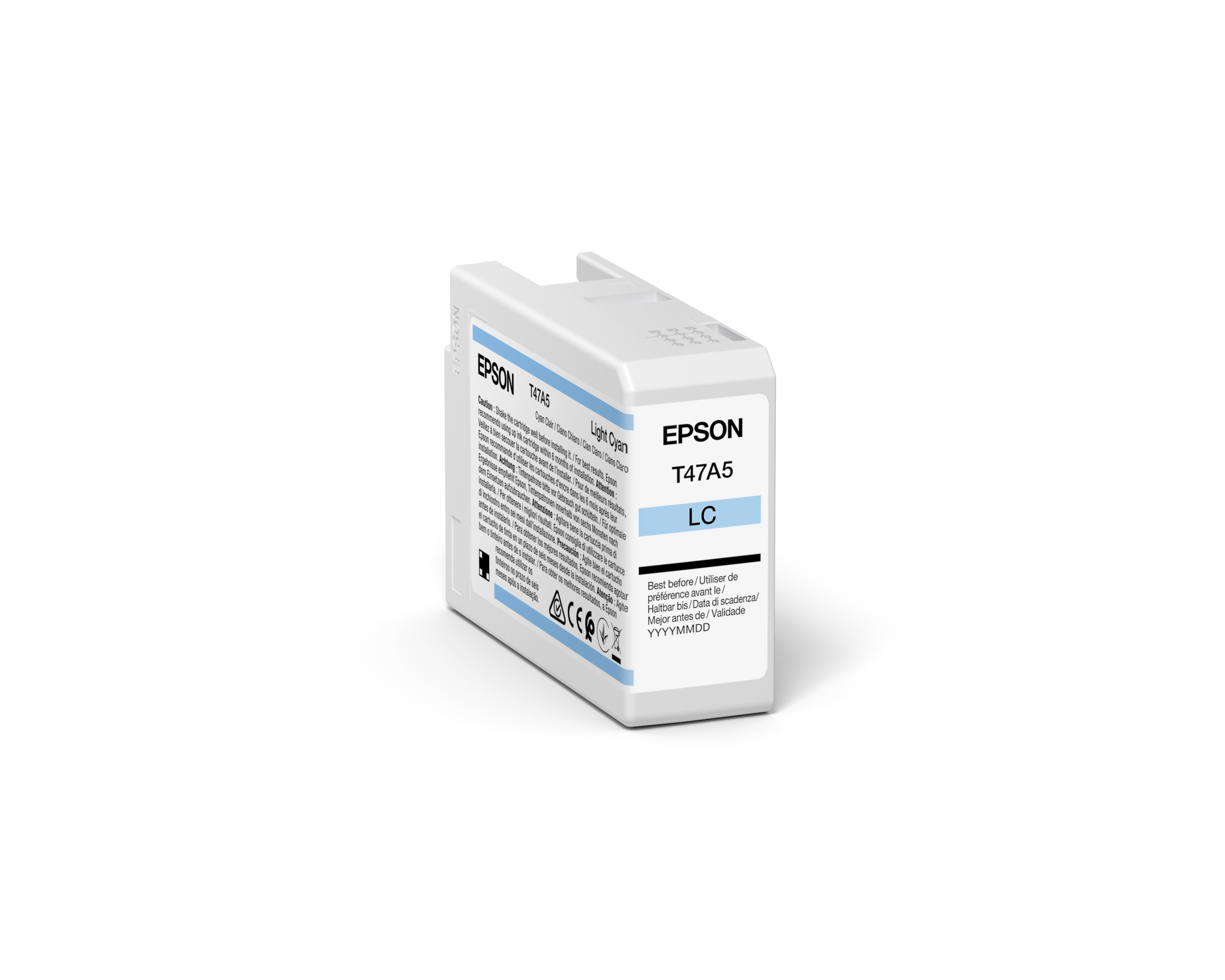Wkład atramentowy Epson T47A5 jasny cyjan. Wkład jest biały z jasnoniebieską etykietą i czarnym tekstem.