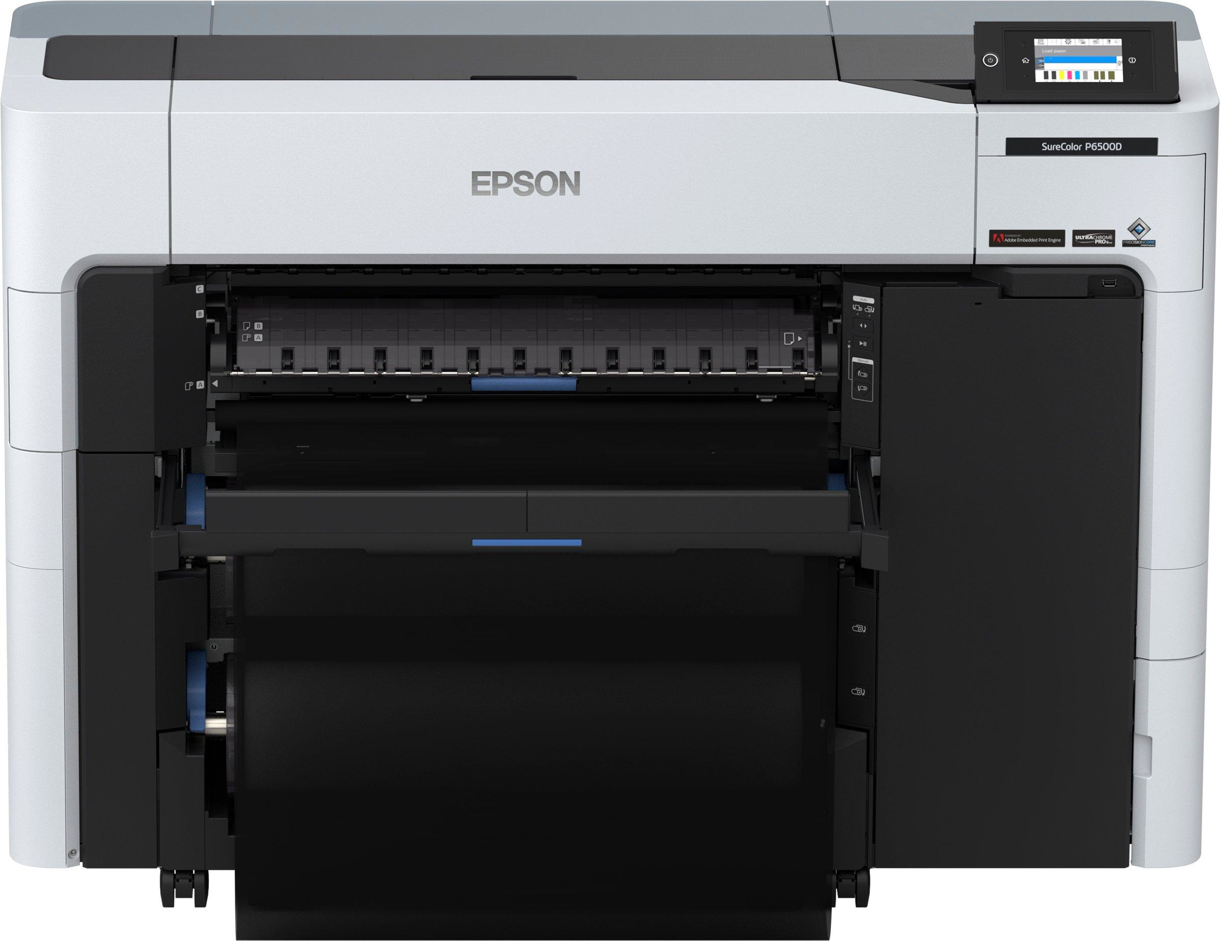 Stampante Epson SureColor P6500D. Aperta mostra rotoli di carta. Bianco e nero, pannello.