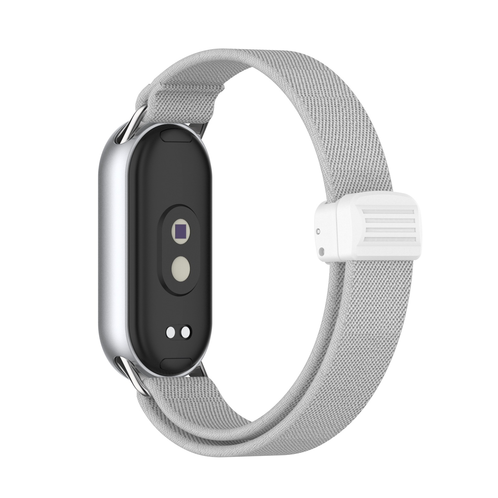 Ein grauer Fitness-Tracker mit einem grauen Band, silbernem Gehäuse und einem weißen Verschluss.