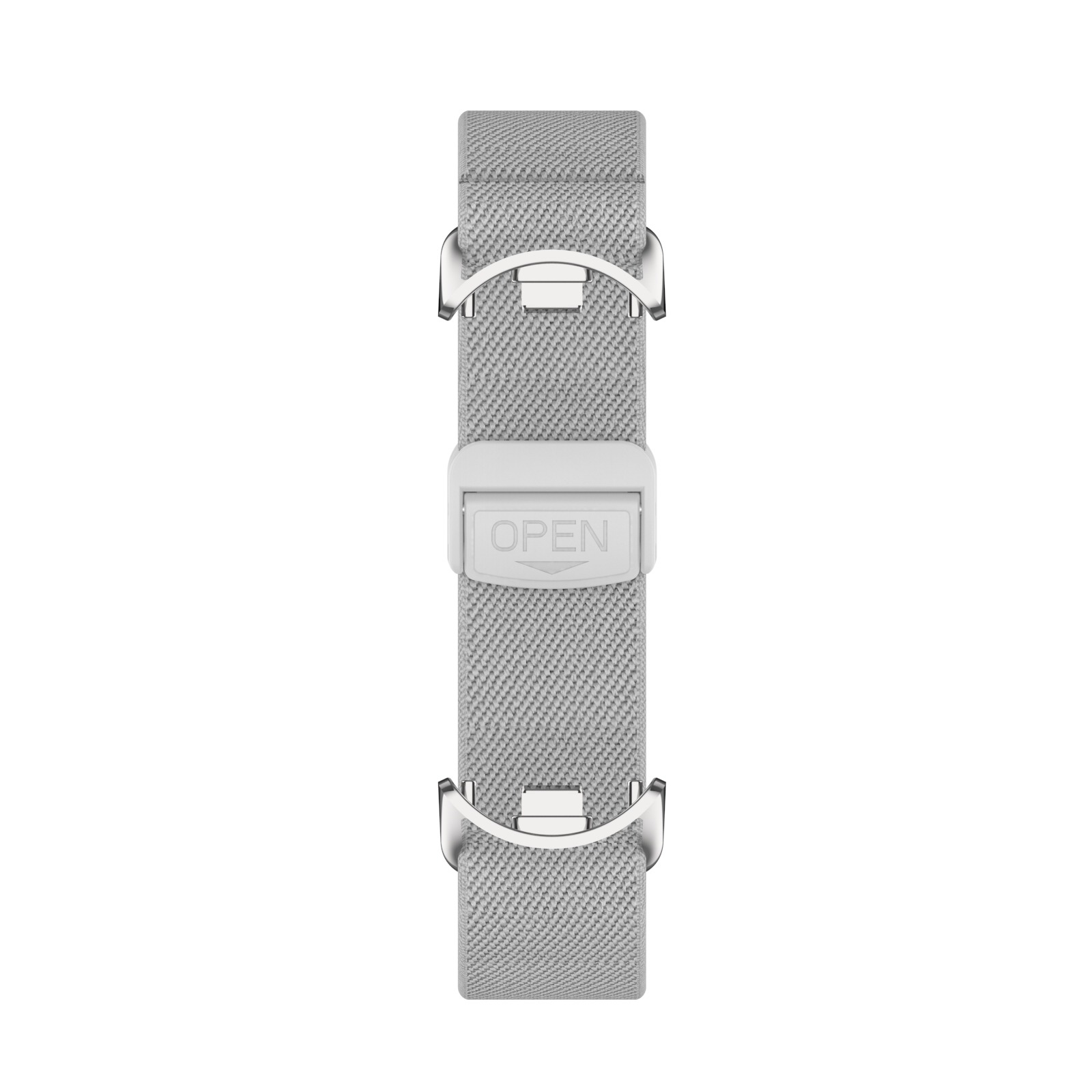 Ein graues Fitness-Tracker-Band mit silbernen Verschlüssen und einem weißen, verstellbaren Verschluss.