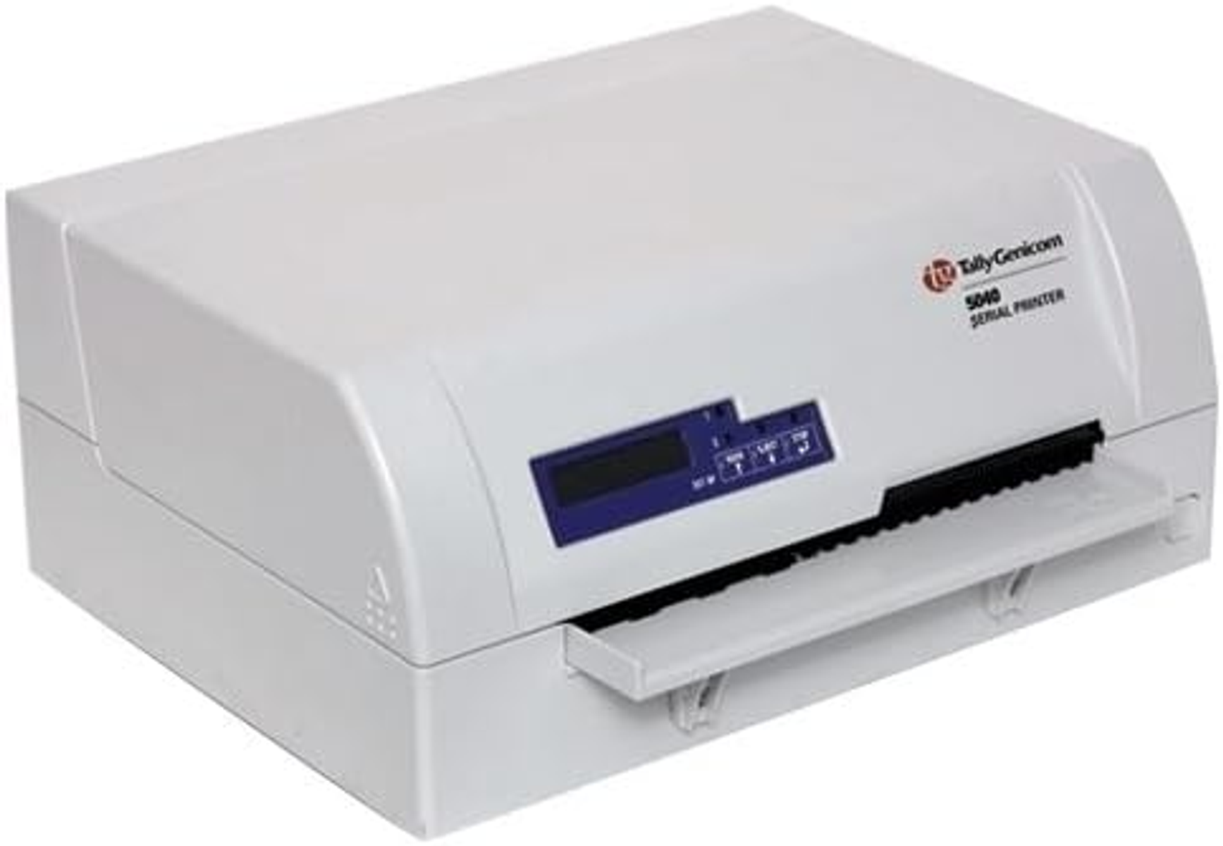 Una stampante seriale TallyGenicom 5040 bianca su uno sfondo bianco in uno scatto in studio.