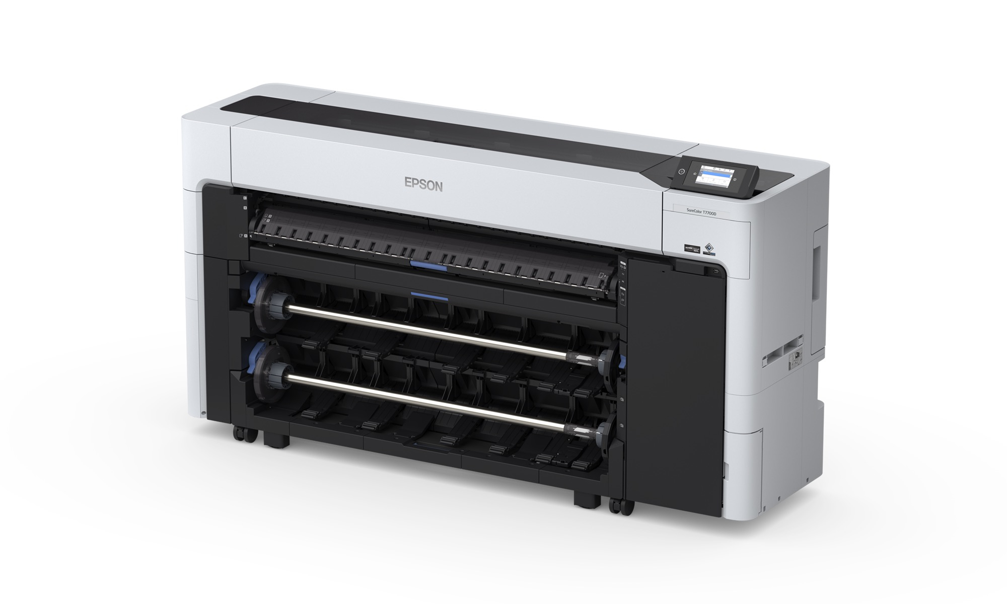 Una stampante bianca Epson SureColor T7700D senza carta caricata.