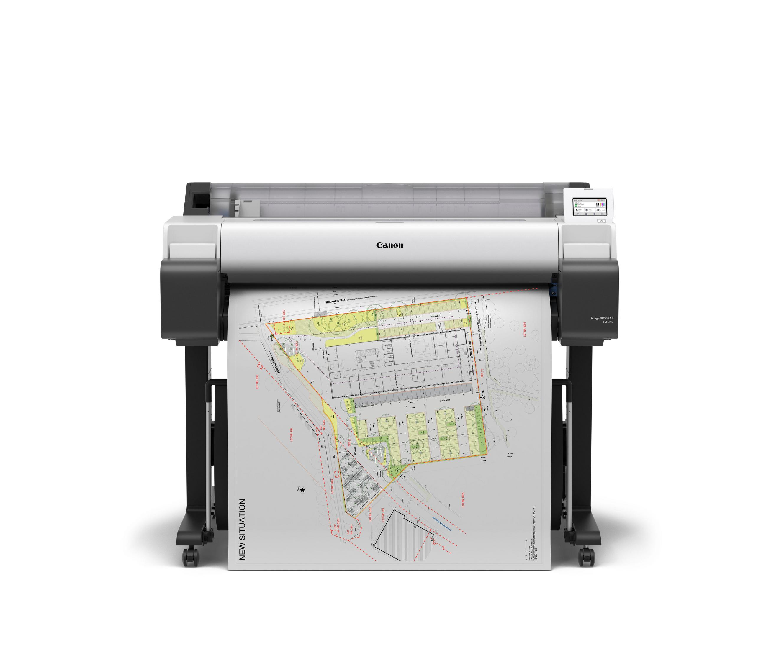 Wielkoformatowa drukarka Canon drukująca szczegółowy plan architektoniczny na białym tle.