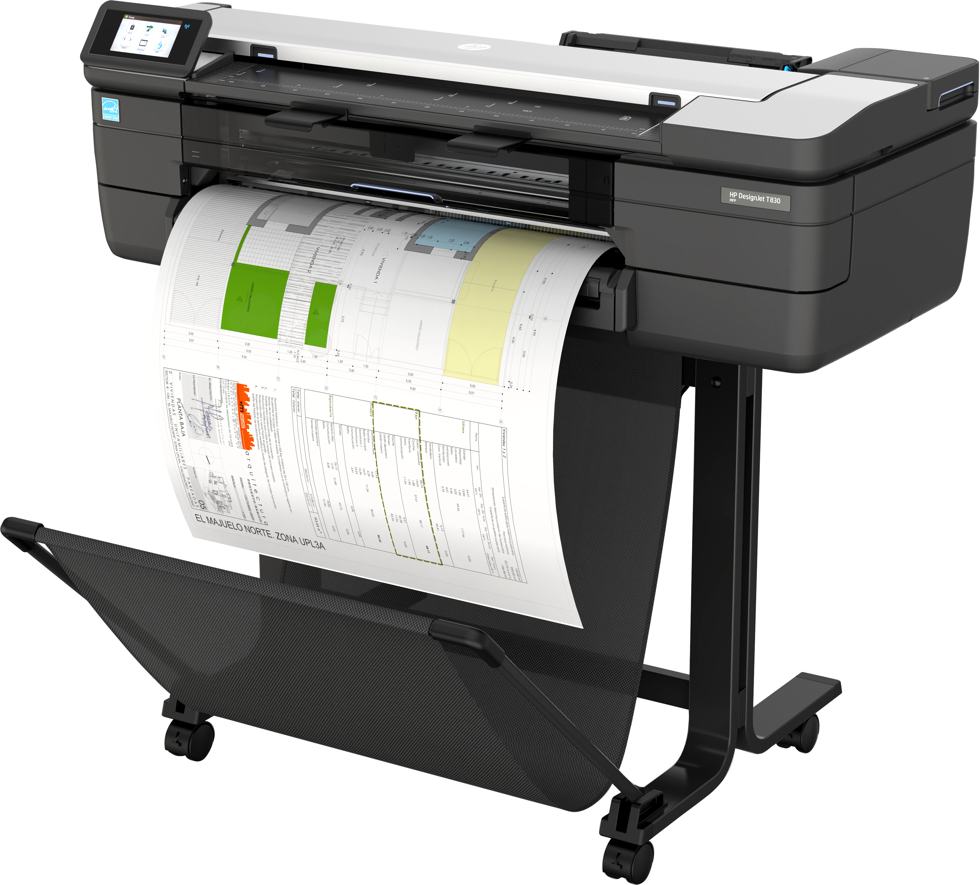 Czarna drukarka HP DesignJet T1600 na białym tle, drukująca plan architektoniczny.
