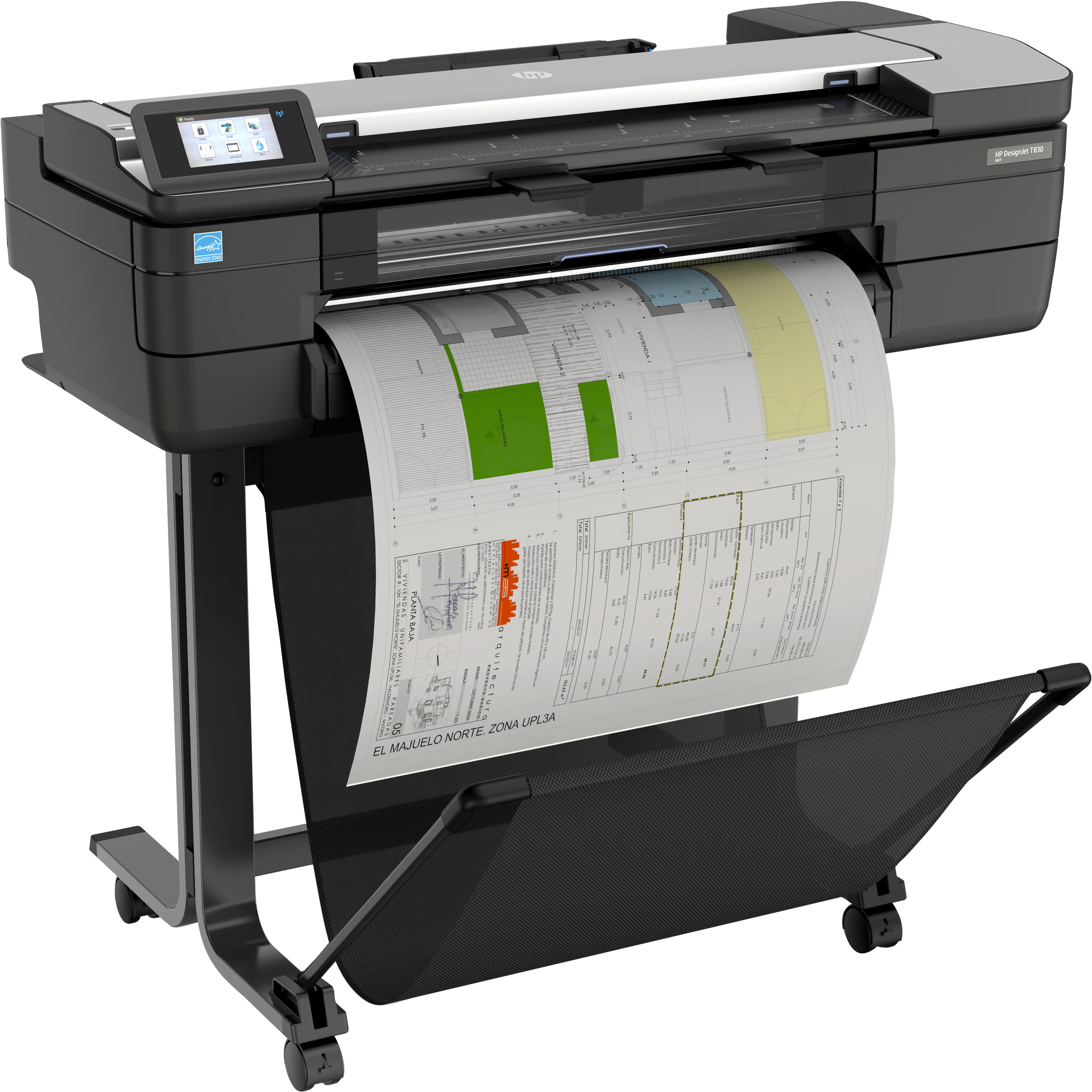 Czarna drukarka HP DesignJet T1600 drukująca szczegółowy plan architektoniczny na białym tle.